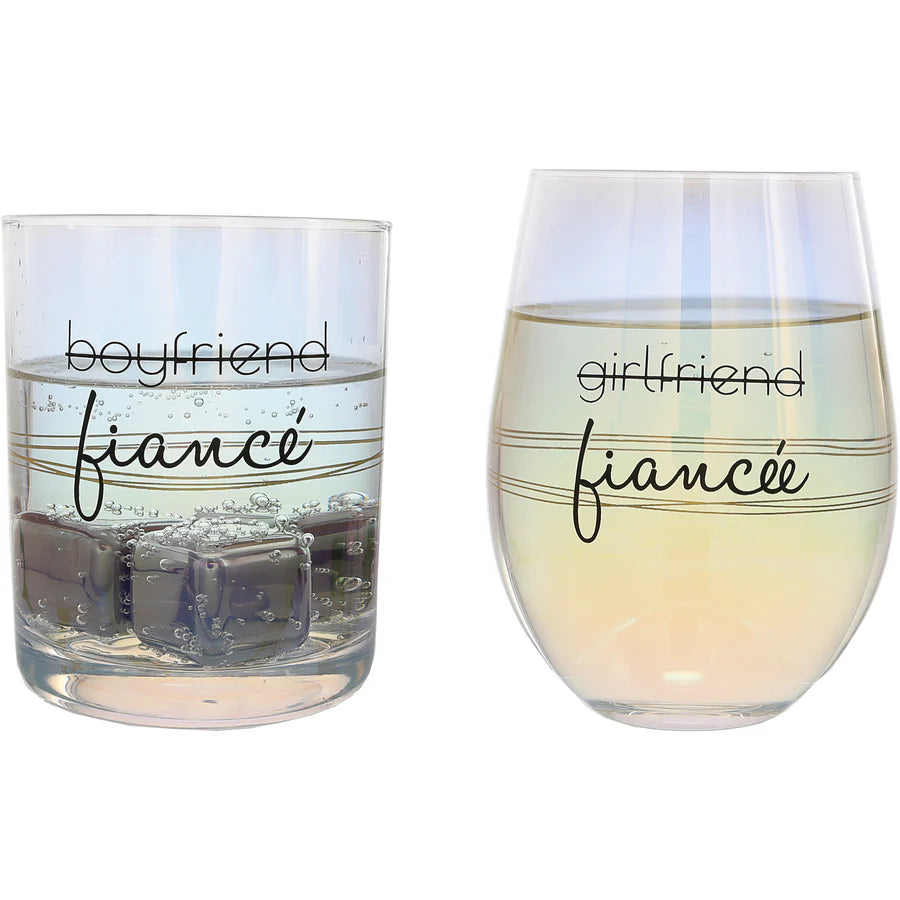 Fiancé/Fiancée 11 oz Rock Glass & 18 oz Stemless Wine Glass Set