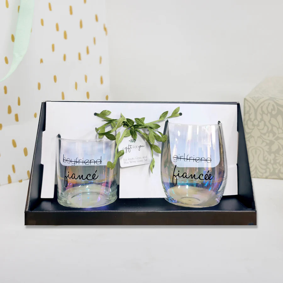 Fiancé/Fiancée 11 oz Rock Glass & 18 oz Stemless Wine Glass Set