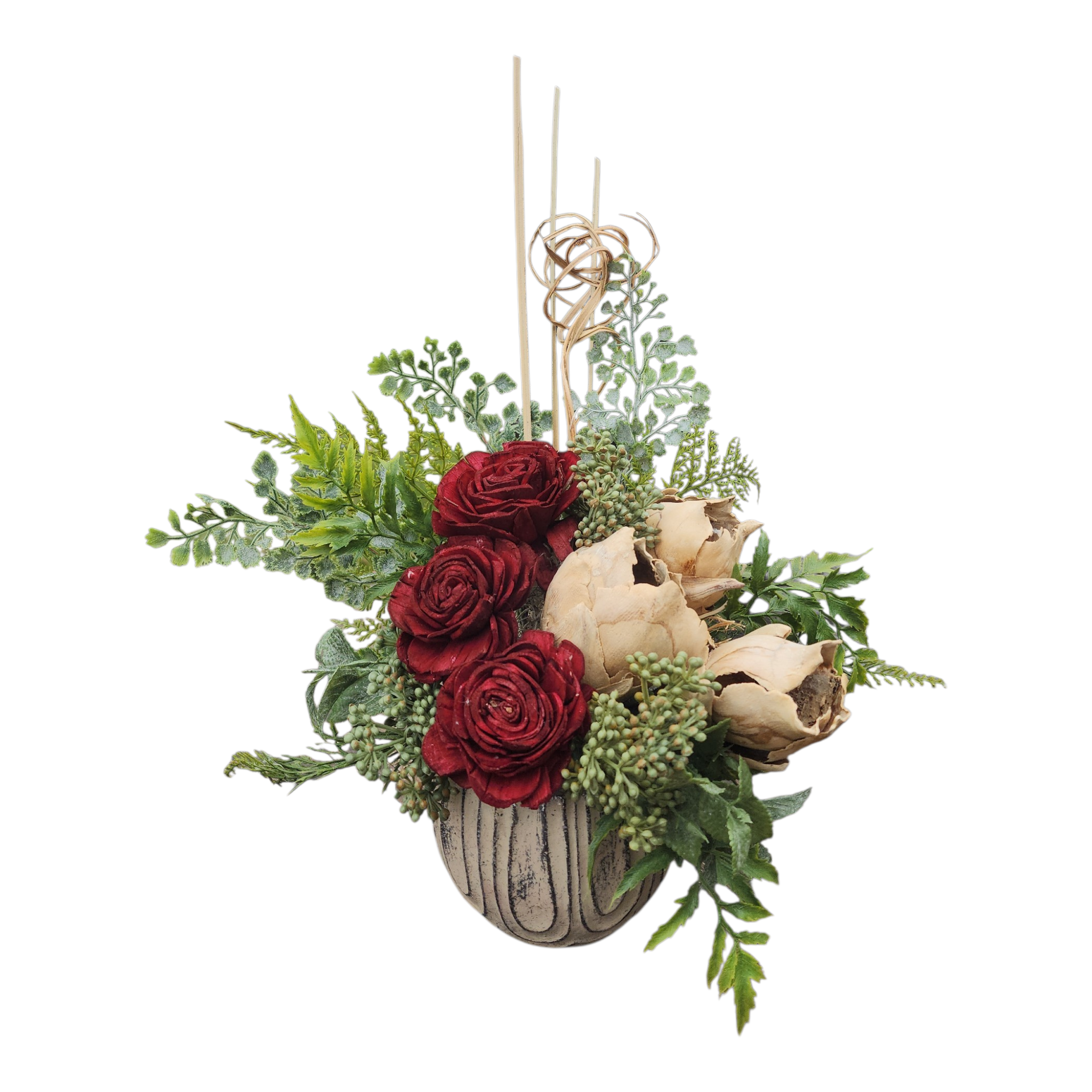 Floral Arrangement in Pot with Burgundy Florals