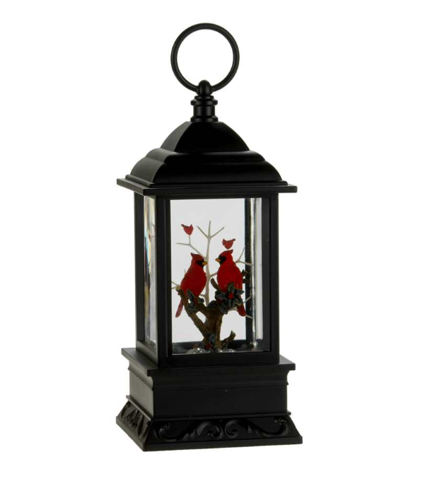9.5" LED Black Lantern With Cardinals