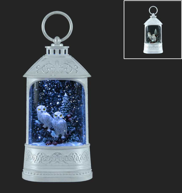 8.5" LED White Lantern Snow Globe With Owls