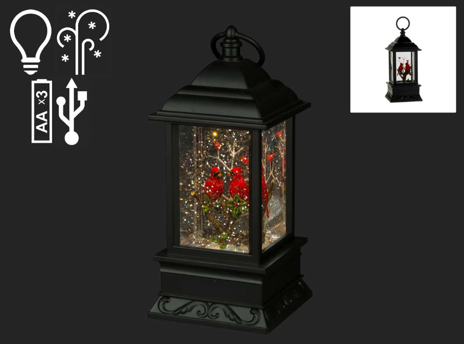 9.5" LED Black Lantern With Cardinals