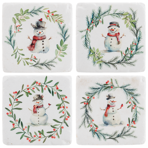 4 Piece Snowman With Wreath Coasters