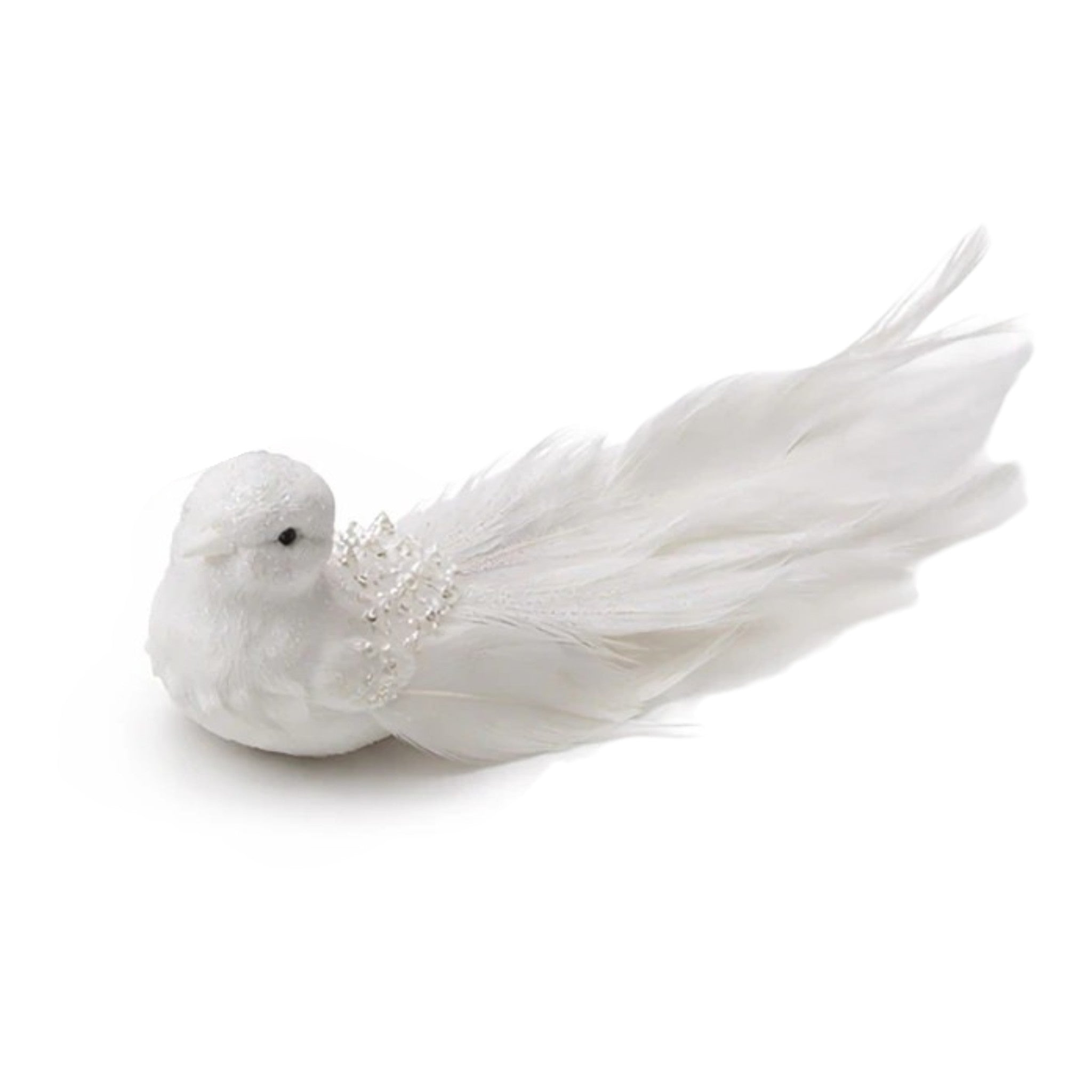 Bird White Feather w/Glitter and Beads 10"