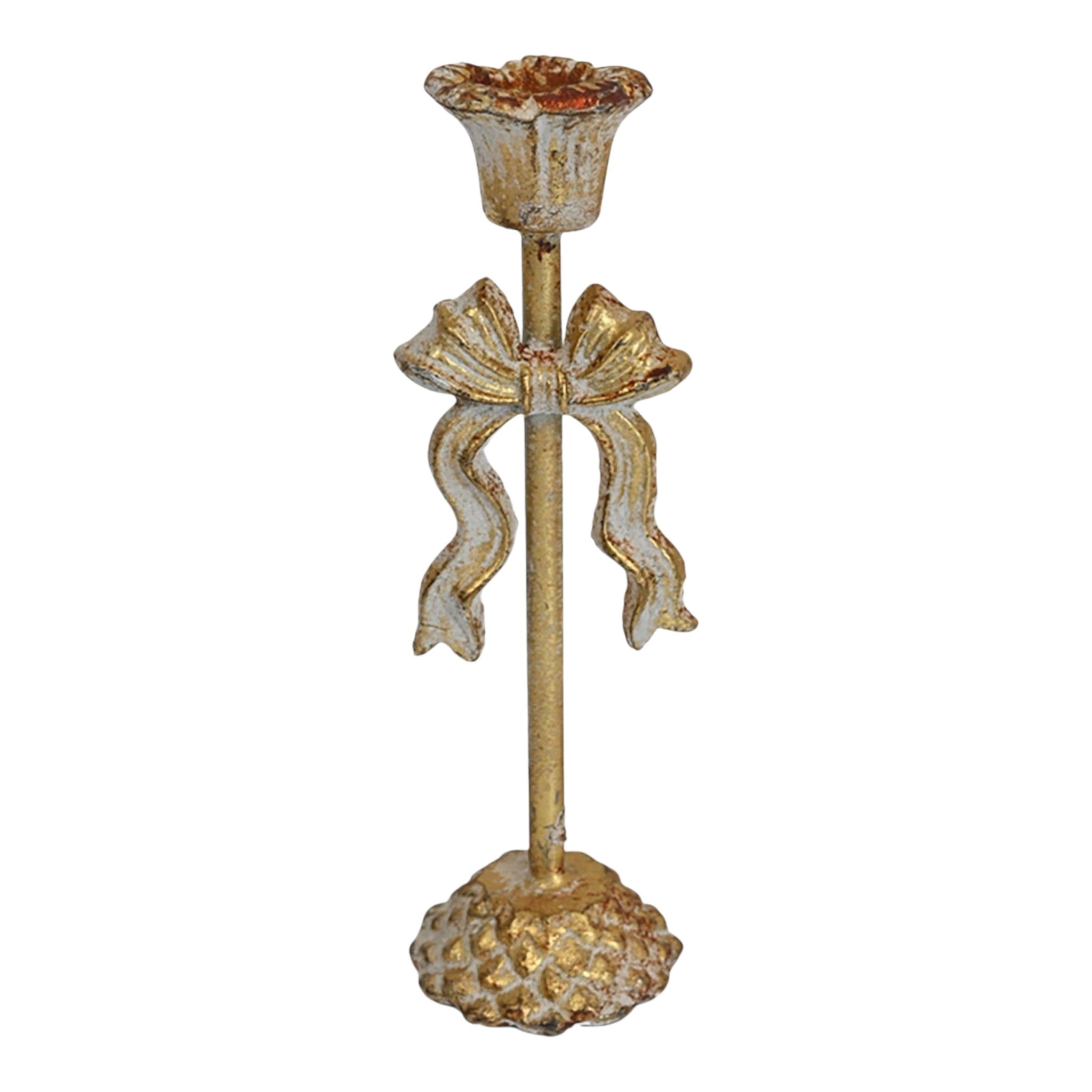 Candle Holder Taper 3"x10" Gold w/Bow