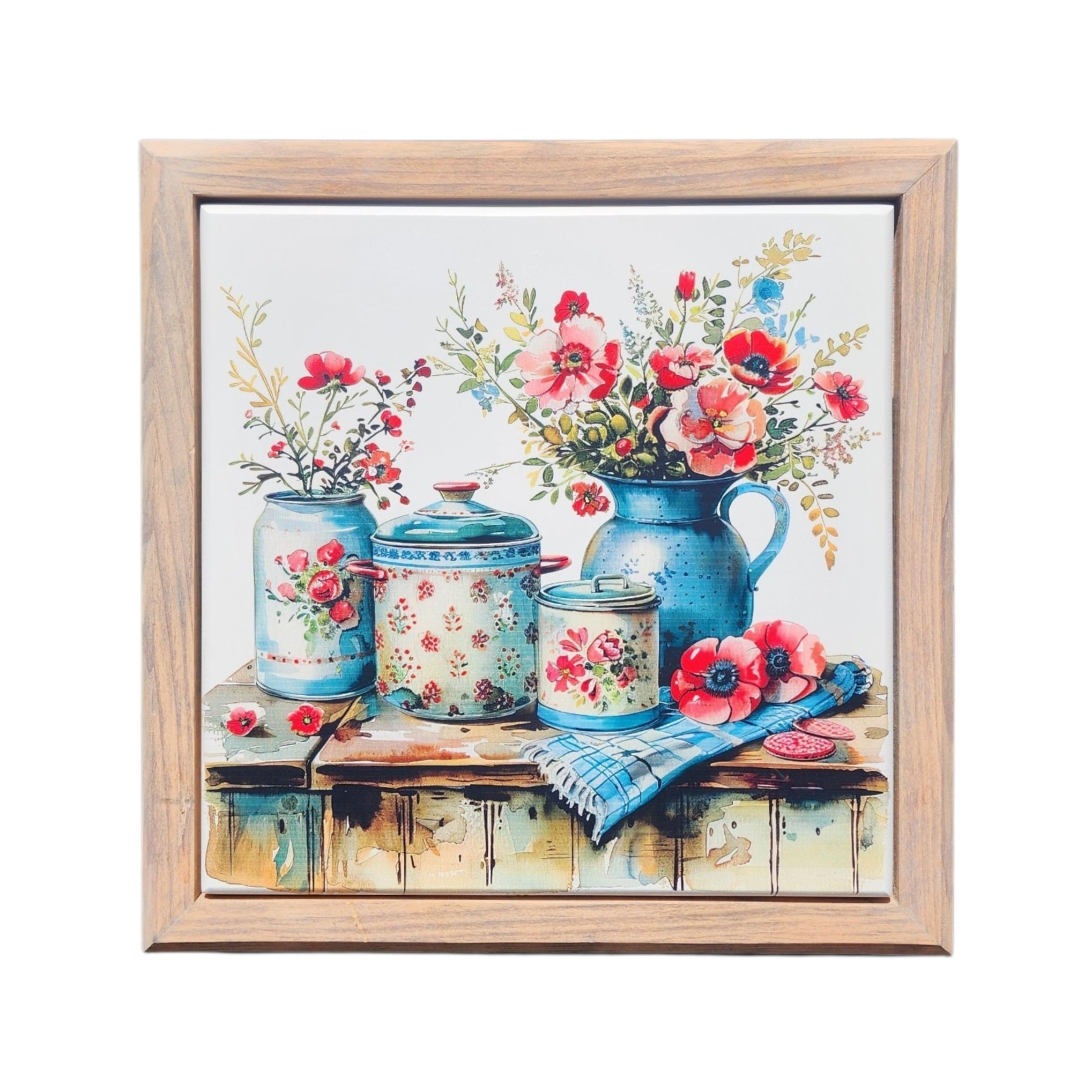 10.5x10.5 Framed Blue Jug With Red Flowers