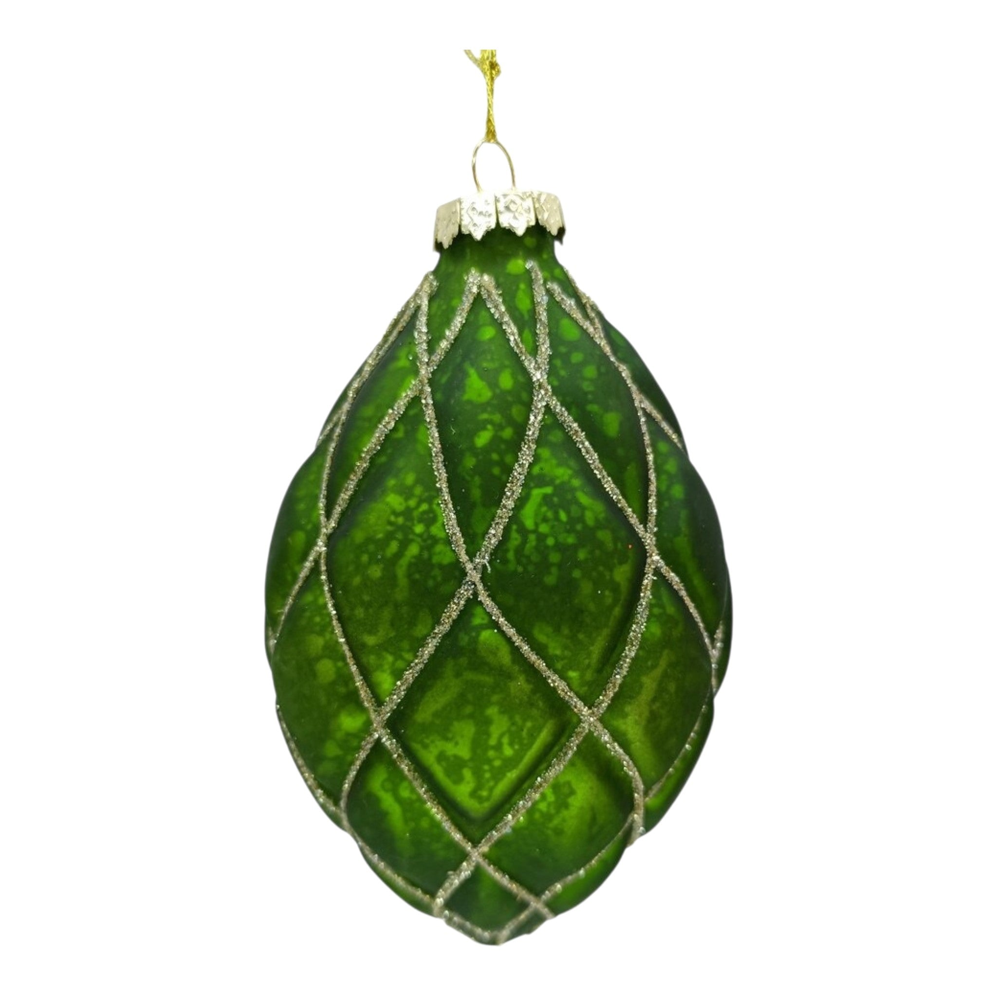 Ornament Glass Antique Green w/Gold Diamond Grid 6.5"