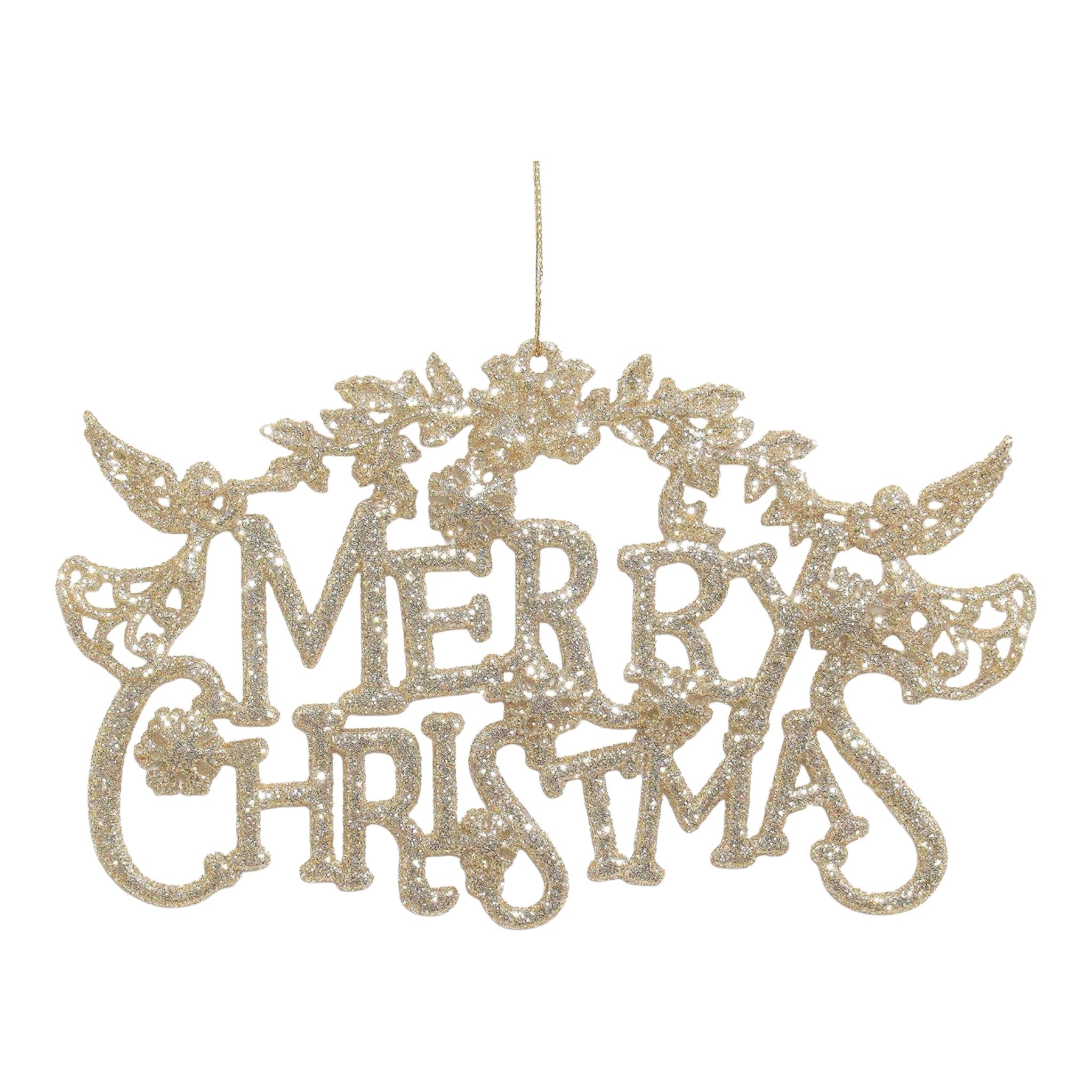 Ornament Merry Christmas Champagne Gold w/Angel 7.3"