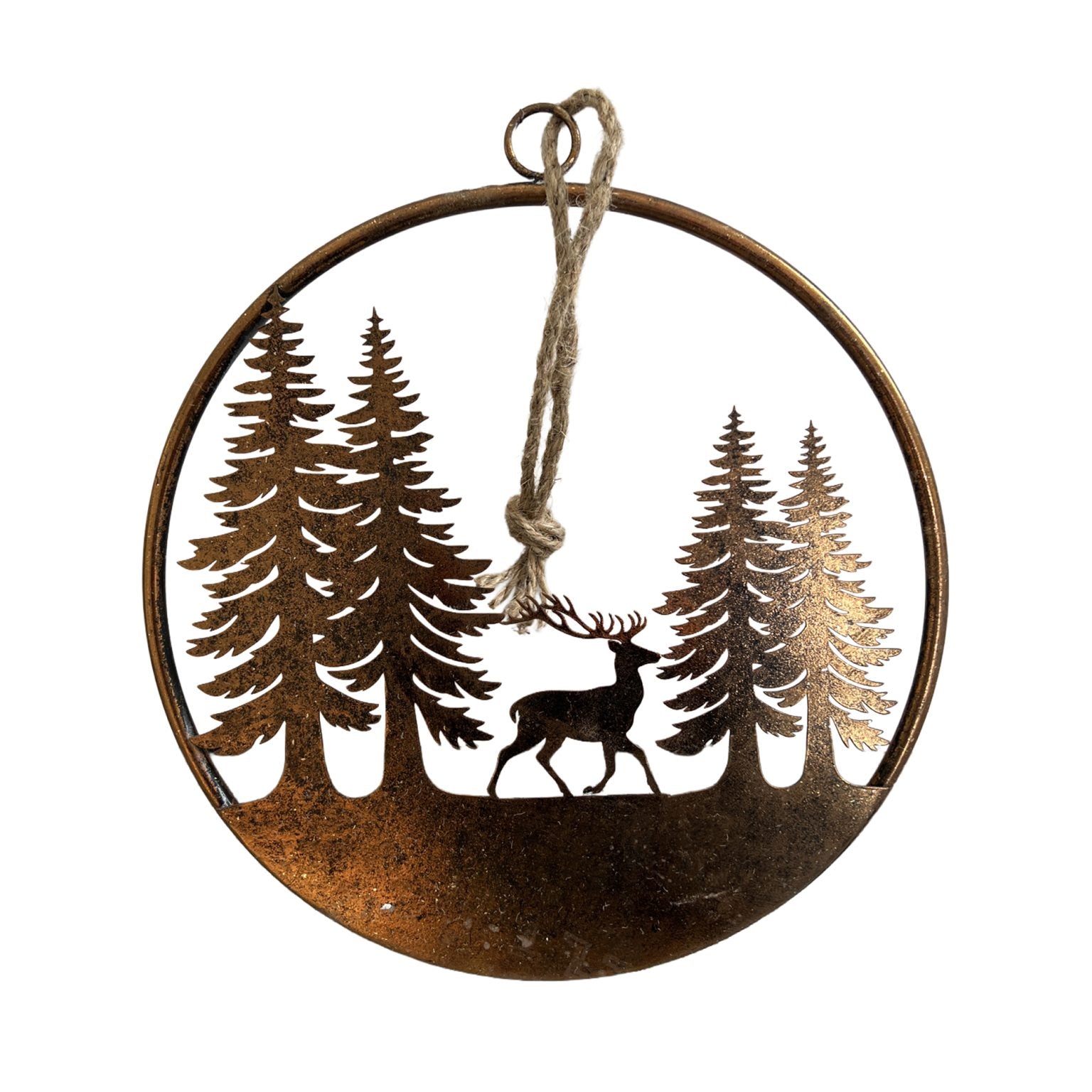 Metal Round Wall Decor Reindeer & Tree Scene 12.5"