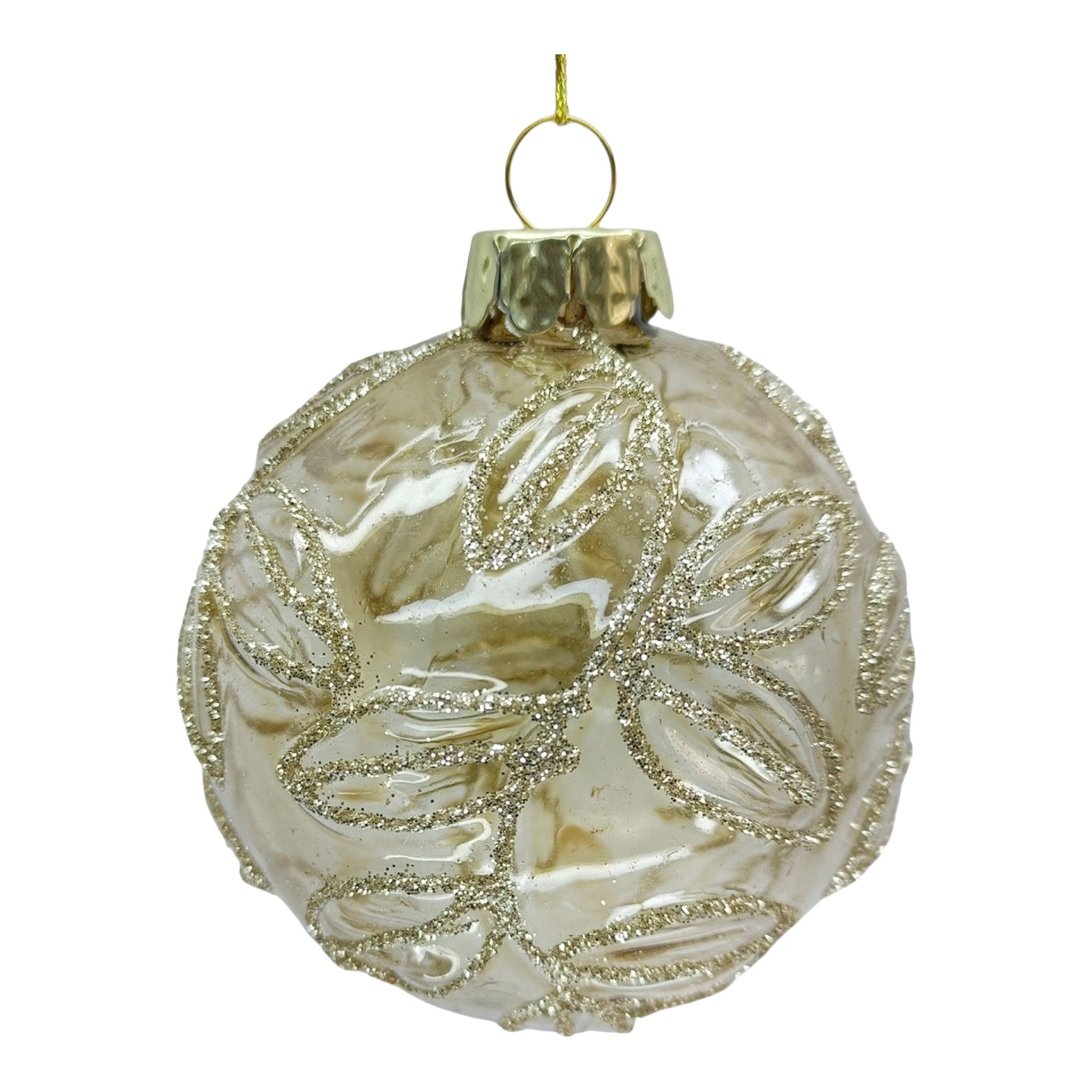 Ornament Glass Ball 3" Clear w/Gold Glitter Leaf