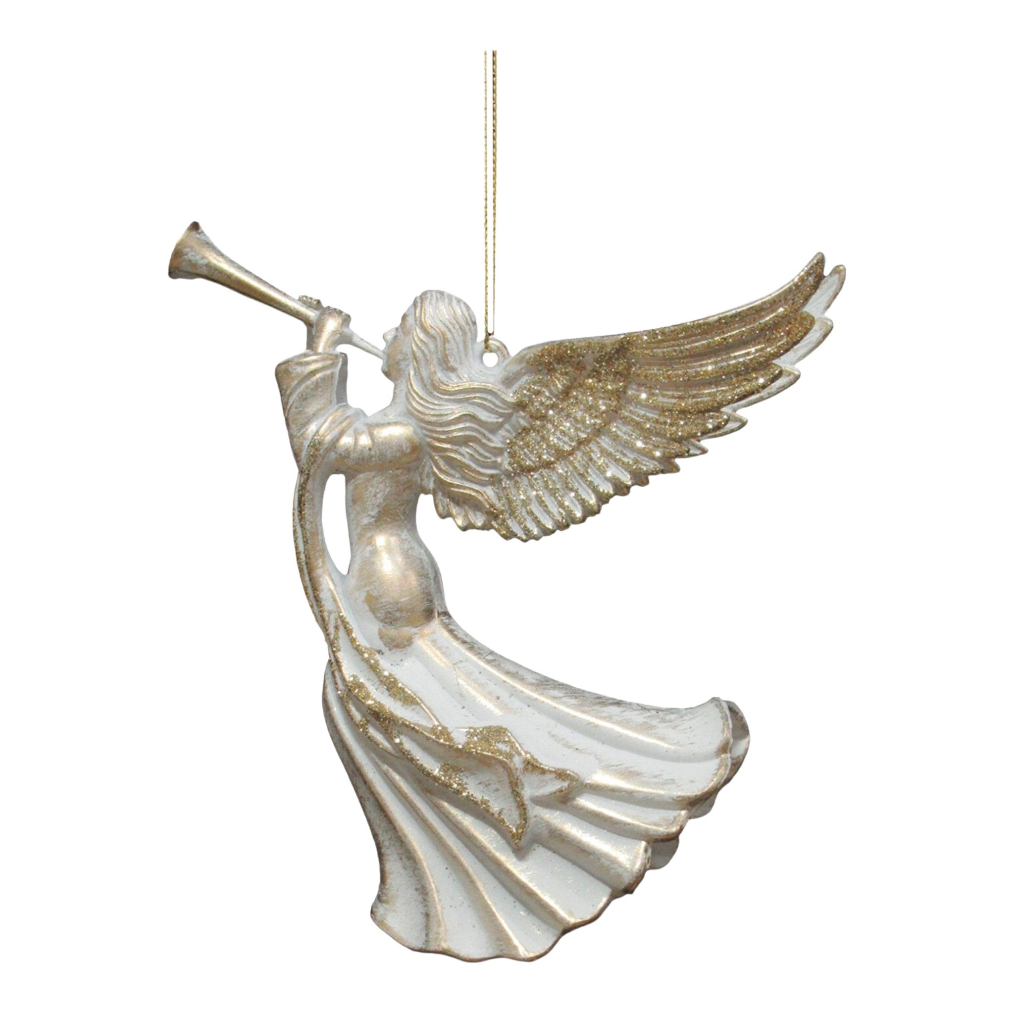 Ornament Angel w/Horn White & Gold 5.7"