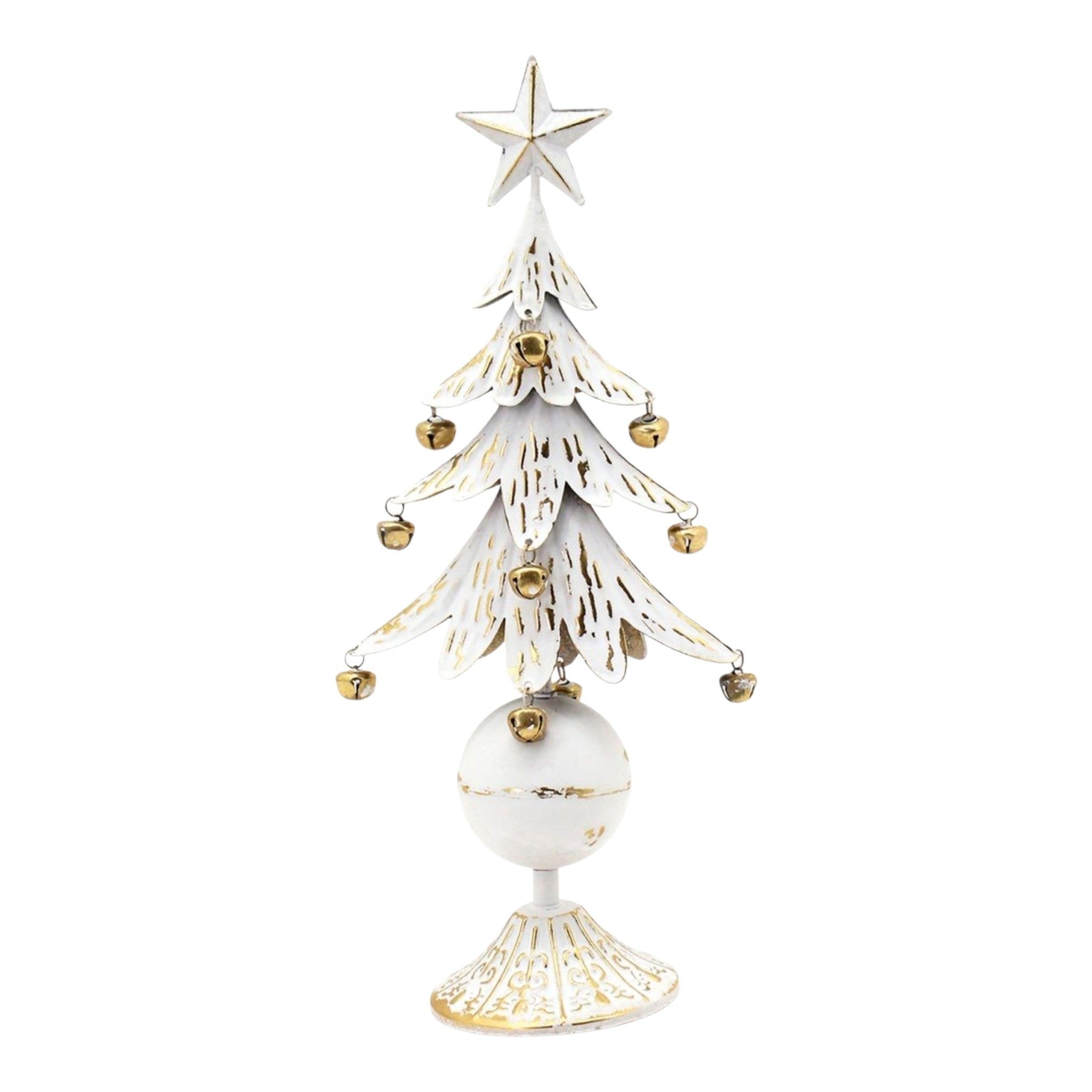 Tree w/Bells Metal White & Gold w/Star Top
