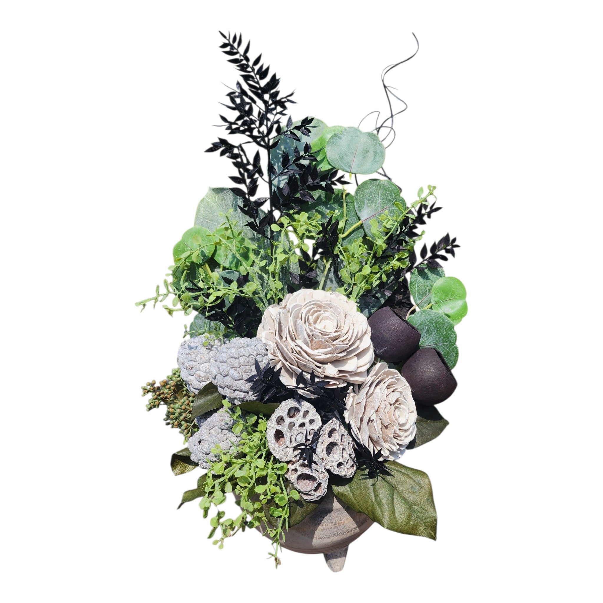 Flower Arrangement with White Flowers and Black Accents