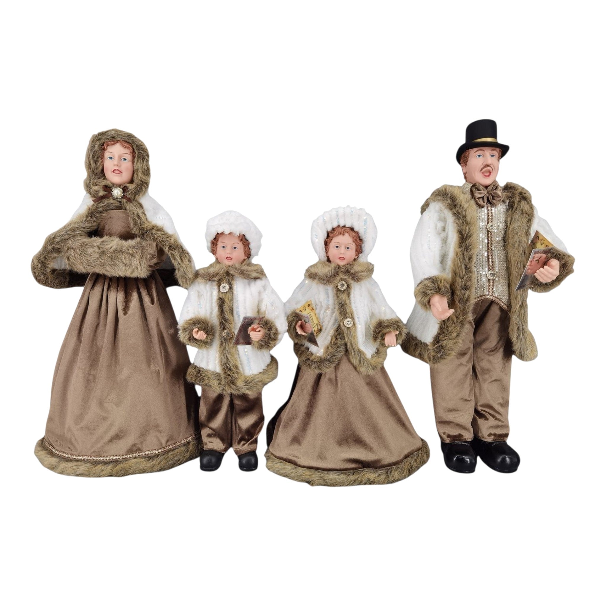 Caroller Family 4 piece Set Brown Coats 20"x26"