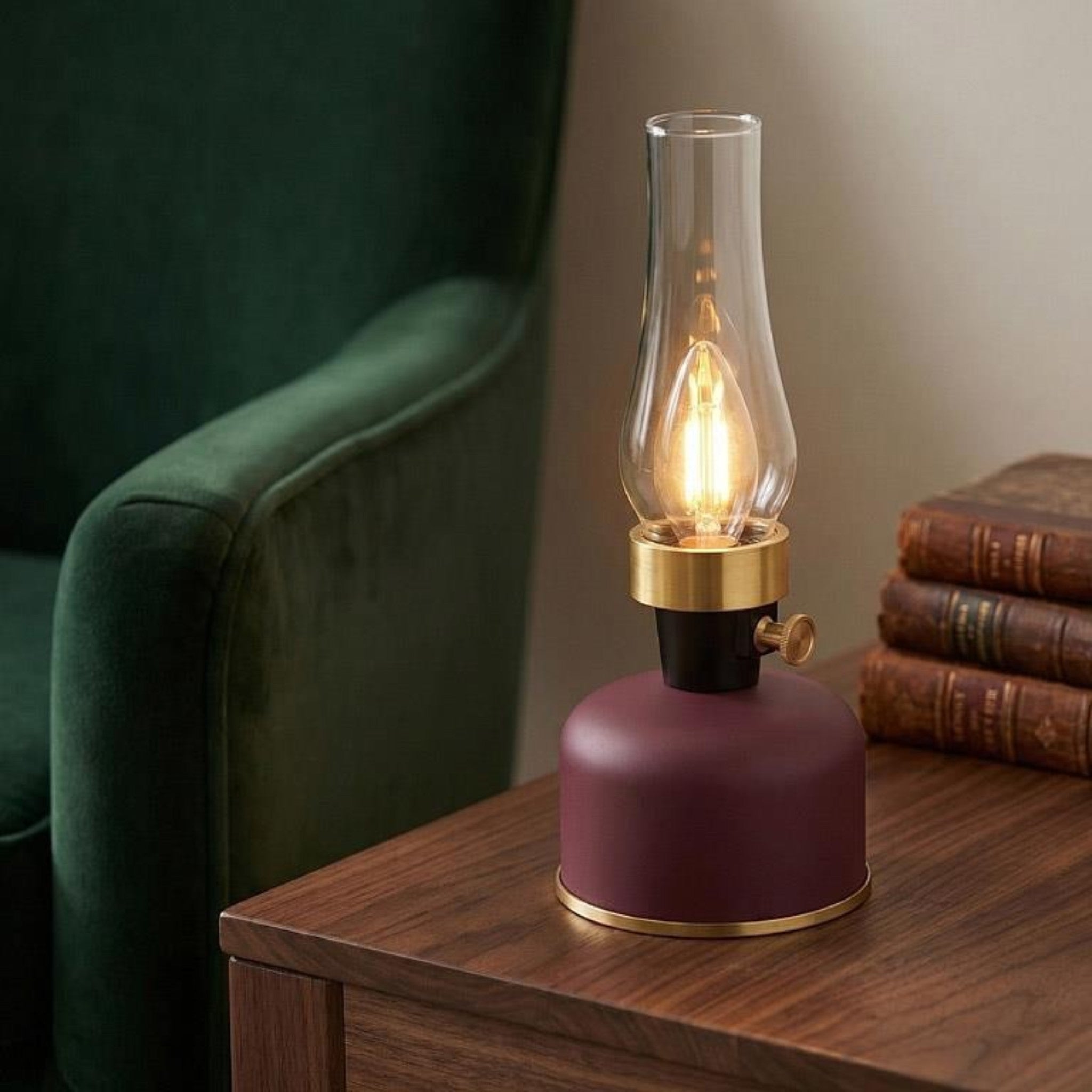 Lantern LED Lamp With Chimney Burgundy 10.5"