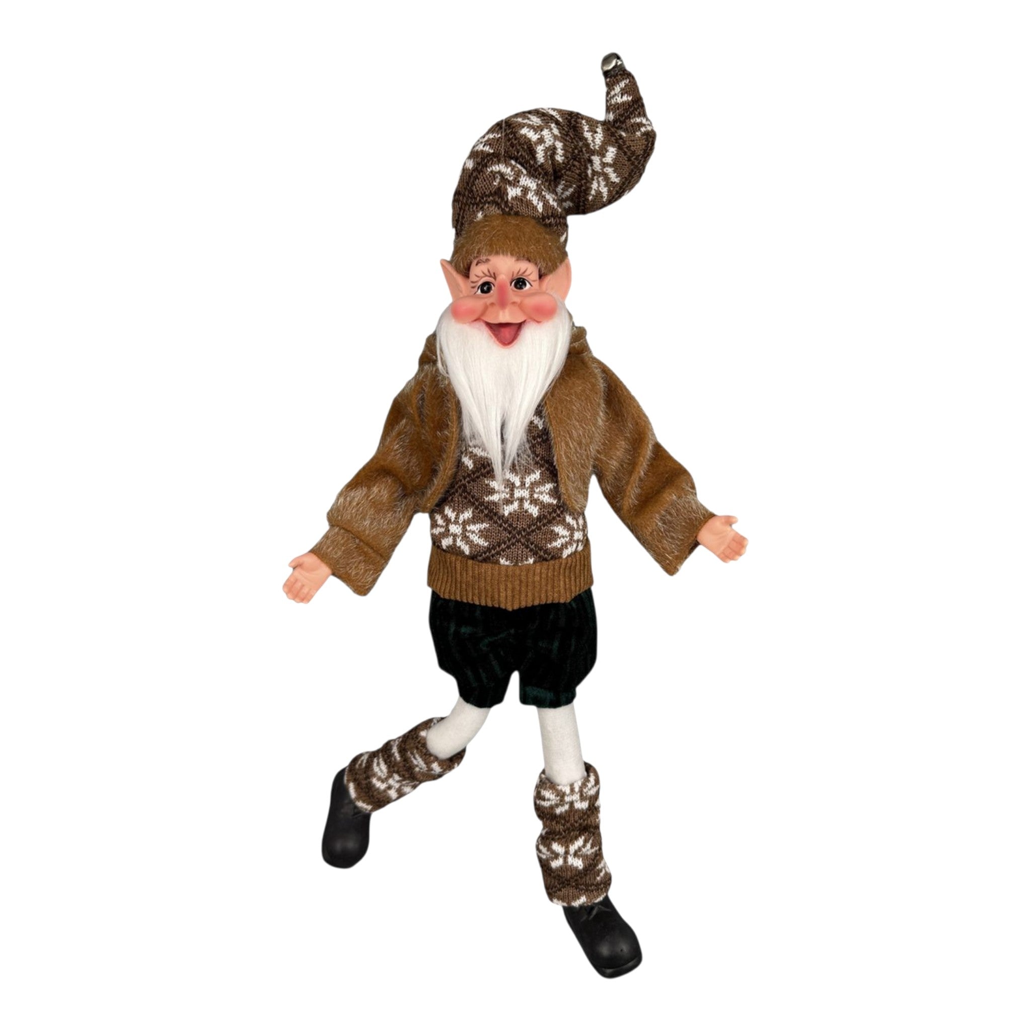 Elf Posable Brown Sweater w/Snowflakes 18"