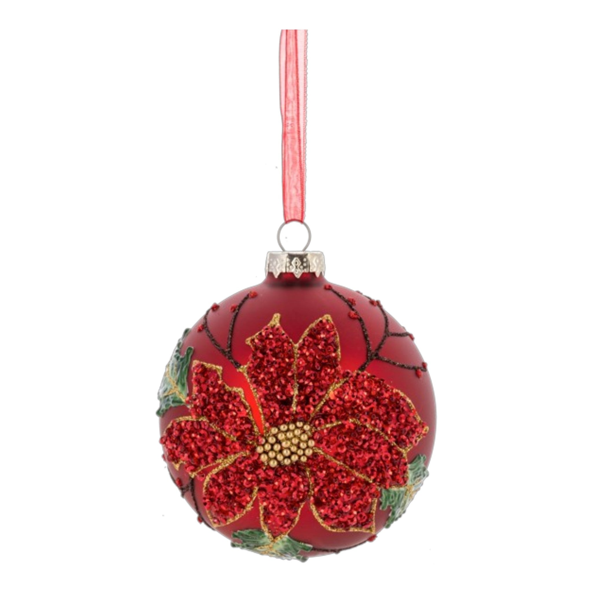 Ornament Poinsettia Red Glass 4" Dia.