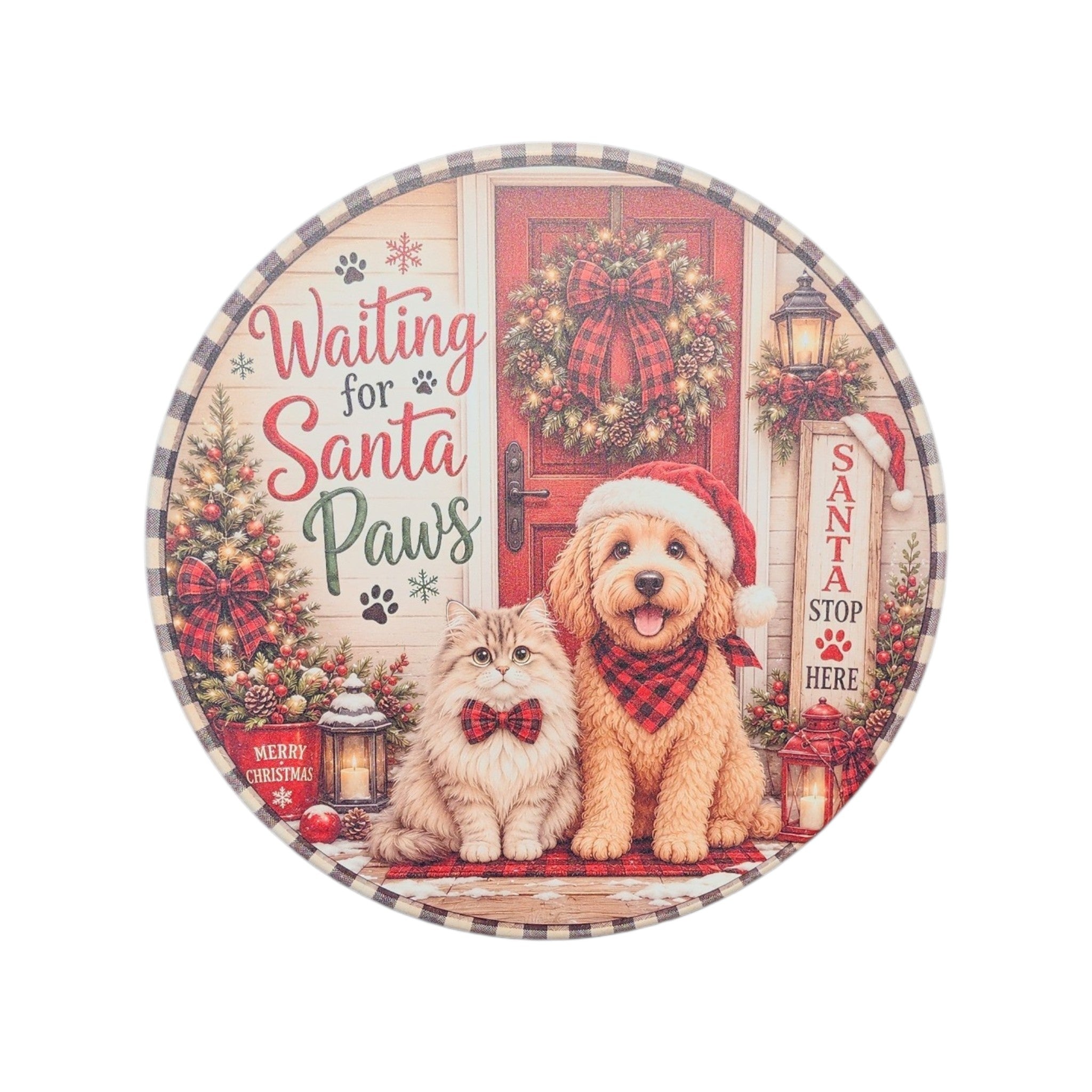 10" Round Sign Waiting for Santa Paws