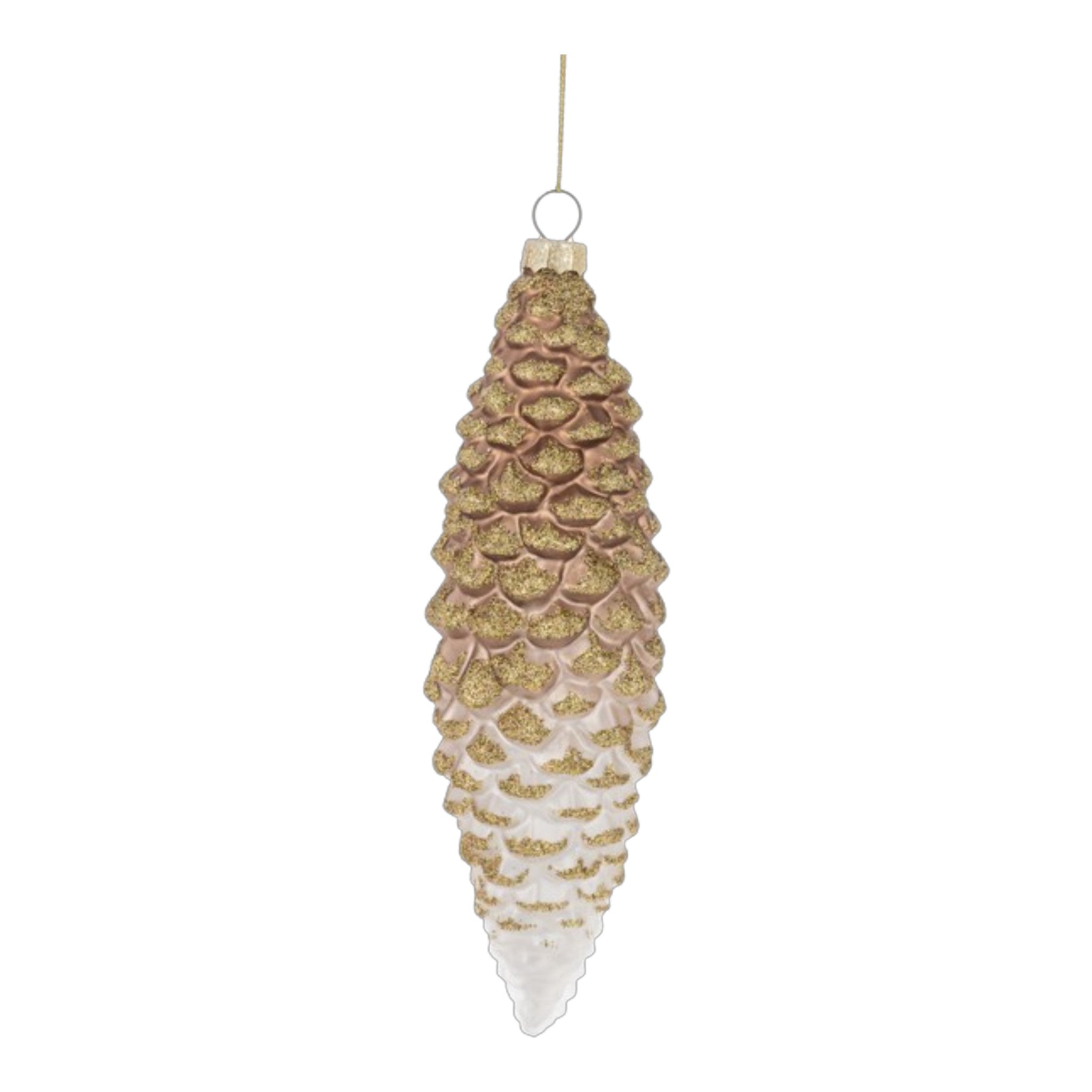 Ornament Glass Glittered Pinecone Gold and White 2 1/4" W. x 7 7/8" H.