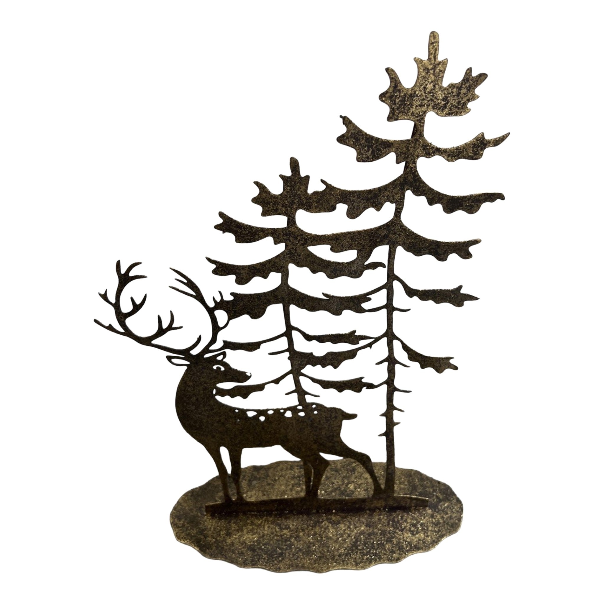 Metal Round Table Decor Reindeer & Tree Scene 15"