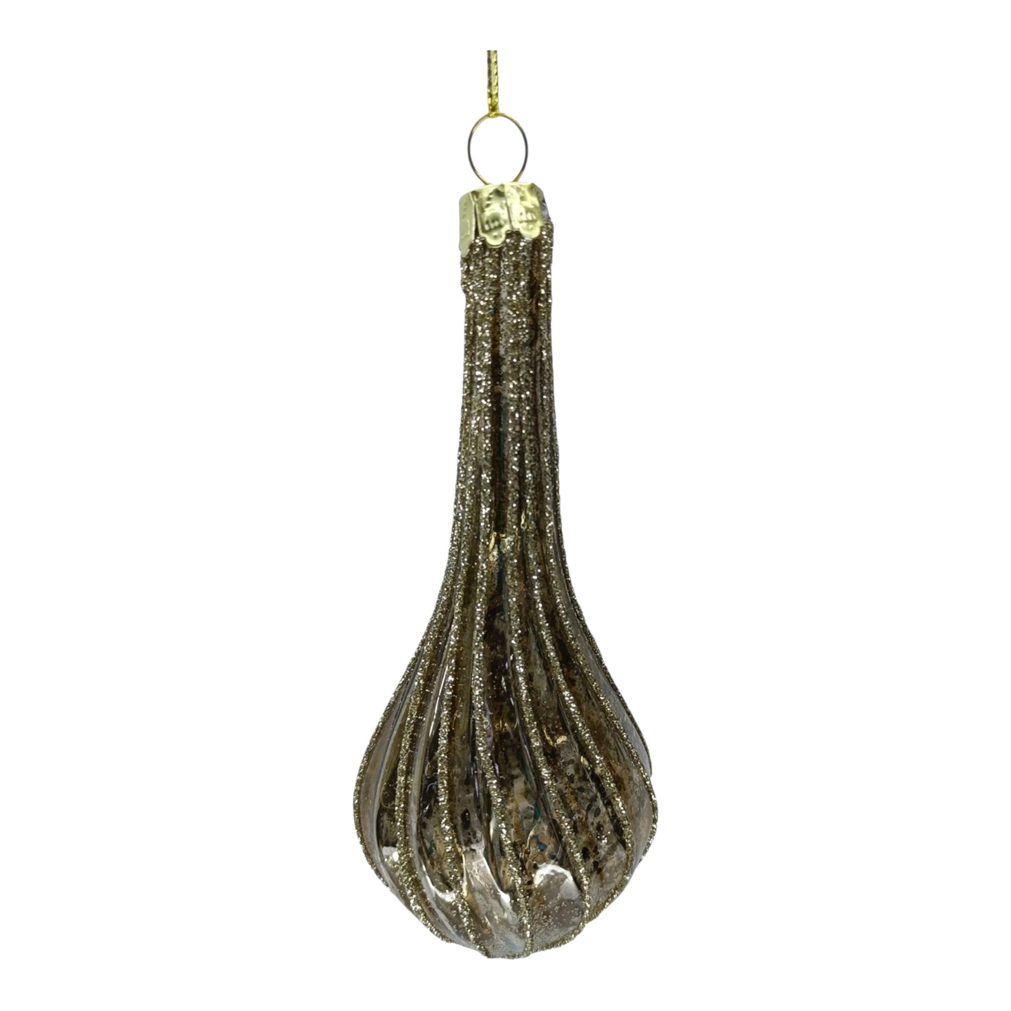 Ornament Glass Teardrop Shiny Gold w/Glitter 6"