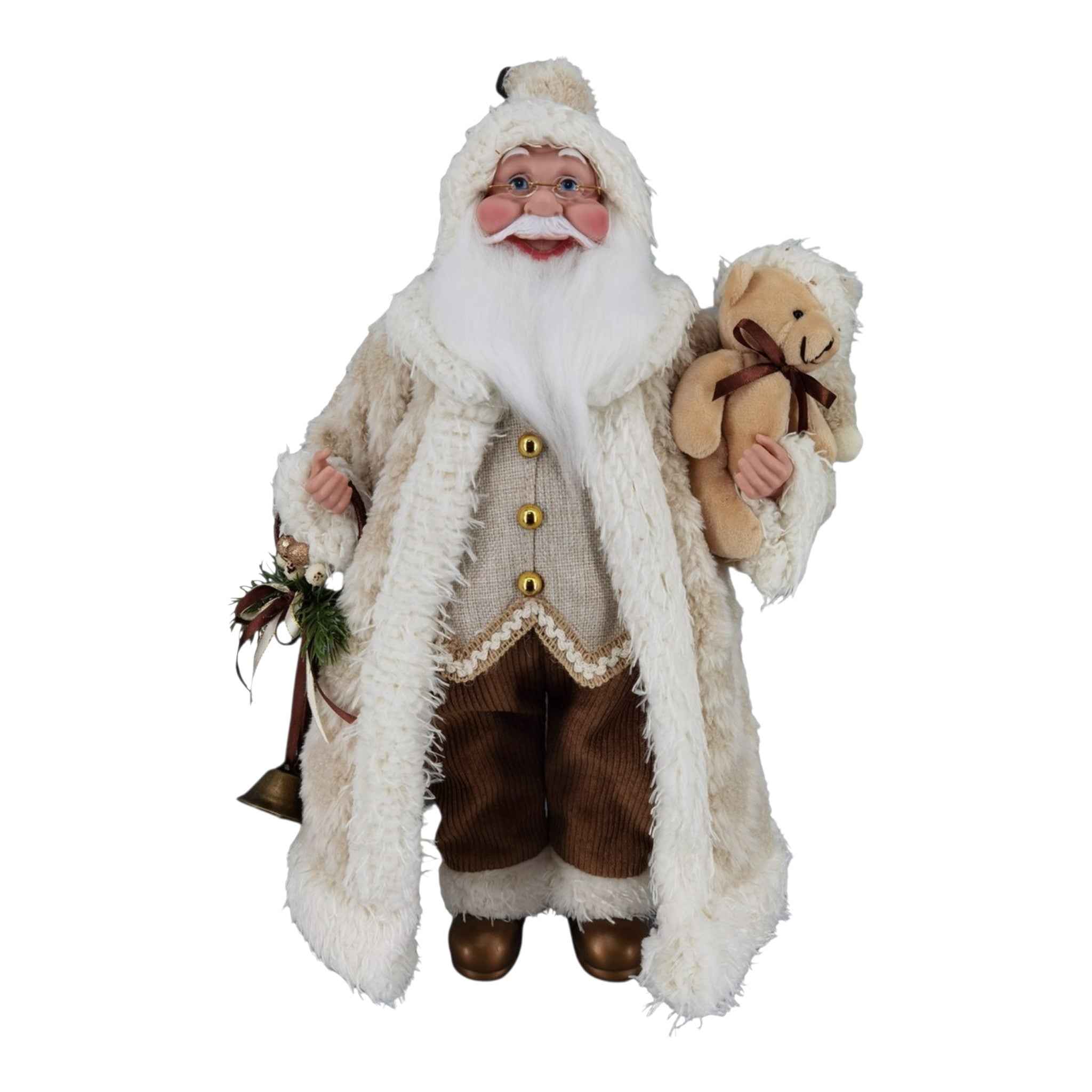 Santa Standing 18" Ivory Coat Holding Bear