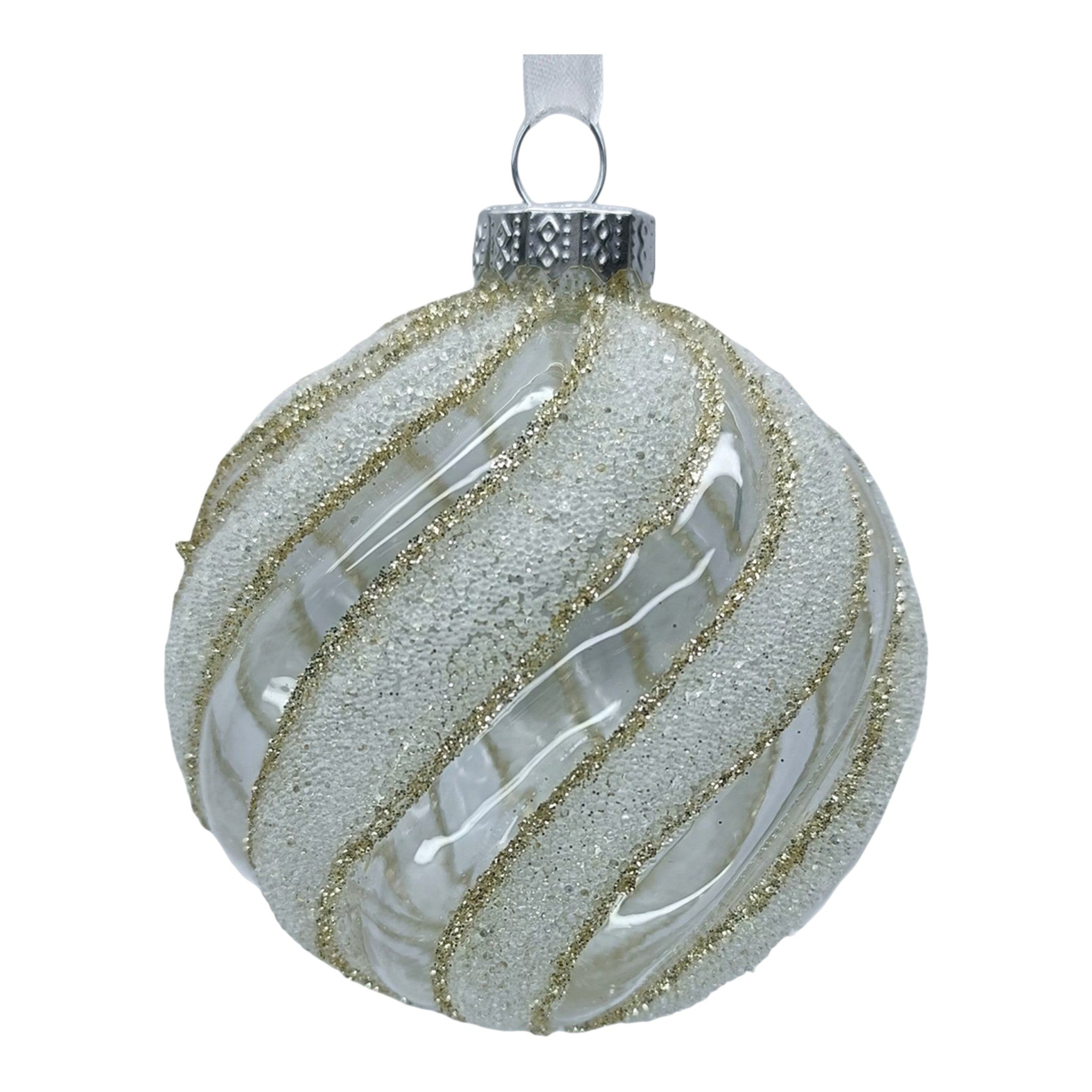 Ornament Glass Ball Clear White w/Glitter 3"