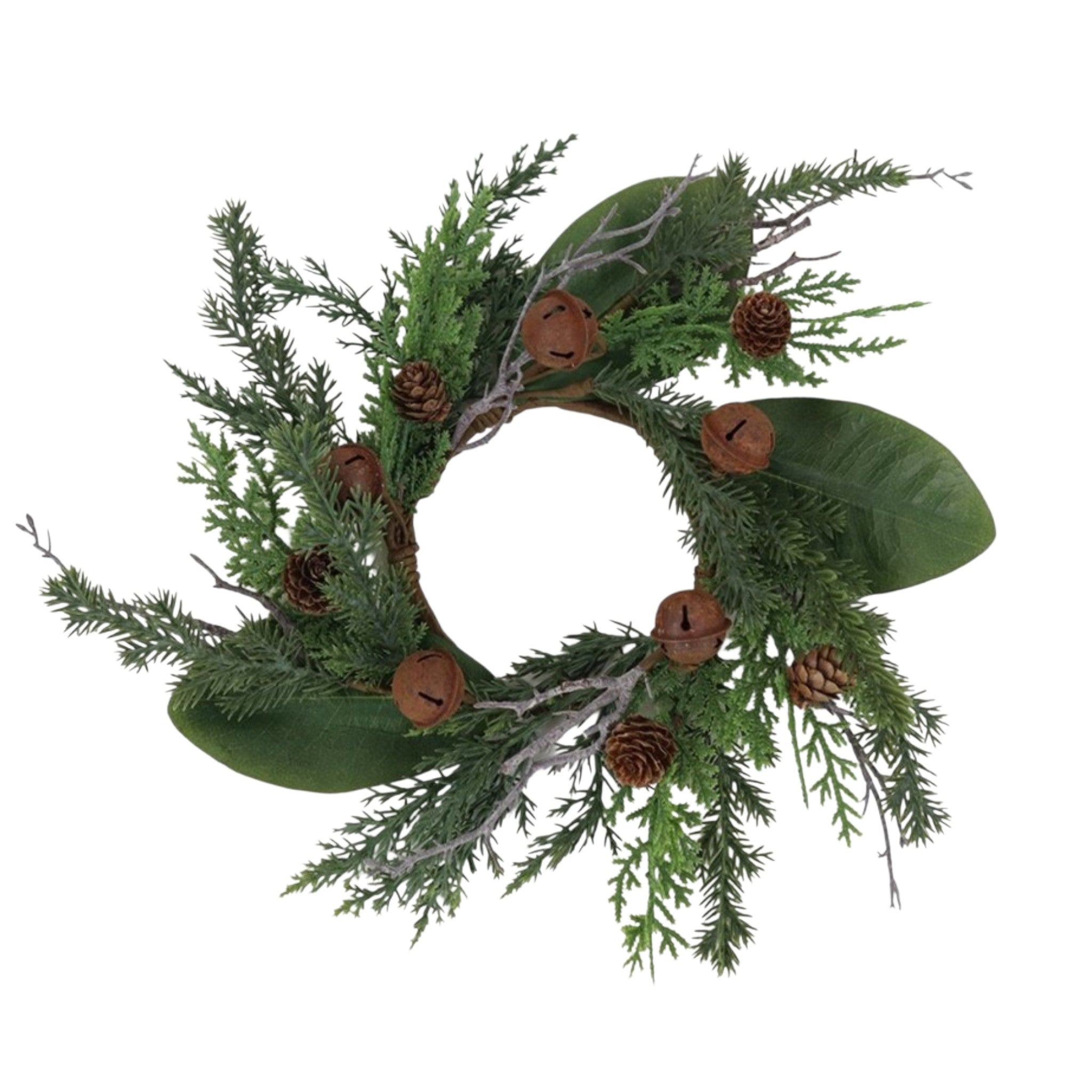 Candle Ring Cedar Magnolia Leaves w/Bells 4.5"