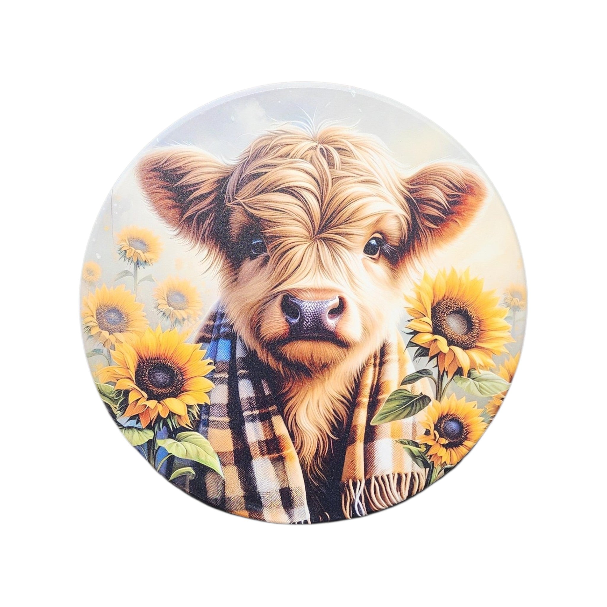 10" Round Sign Highland Cow with Sunflowers
