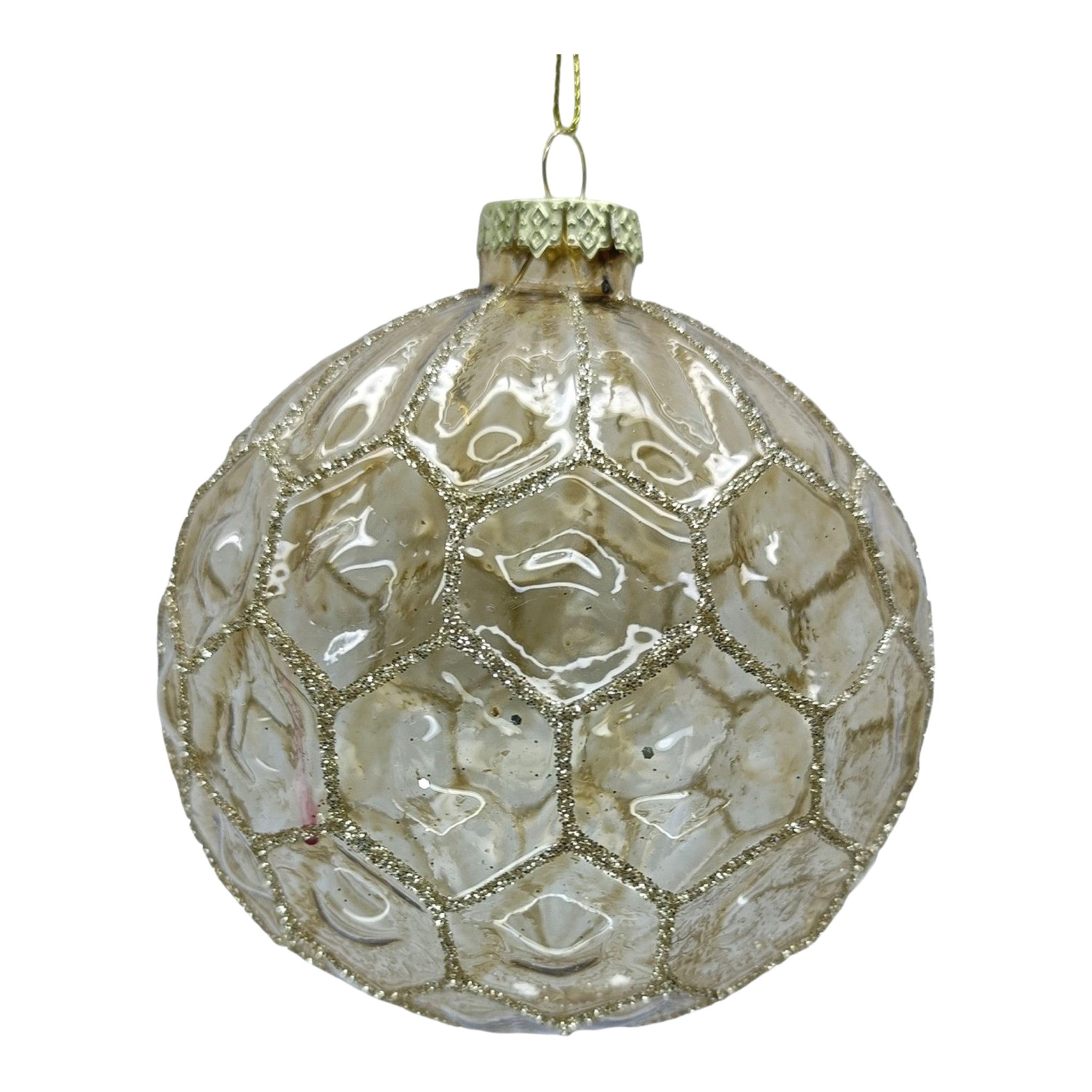 Ornament Glass Ball 4" Clear w/Gold Glitter Honeycomb