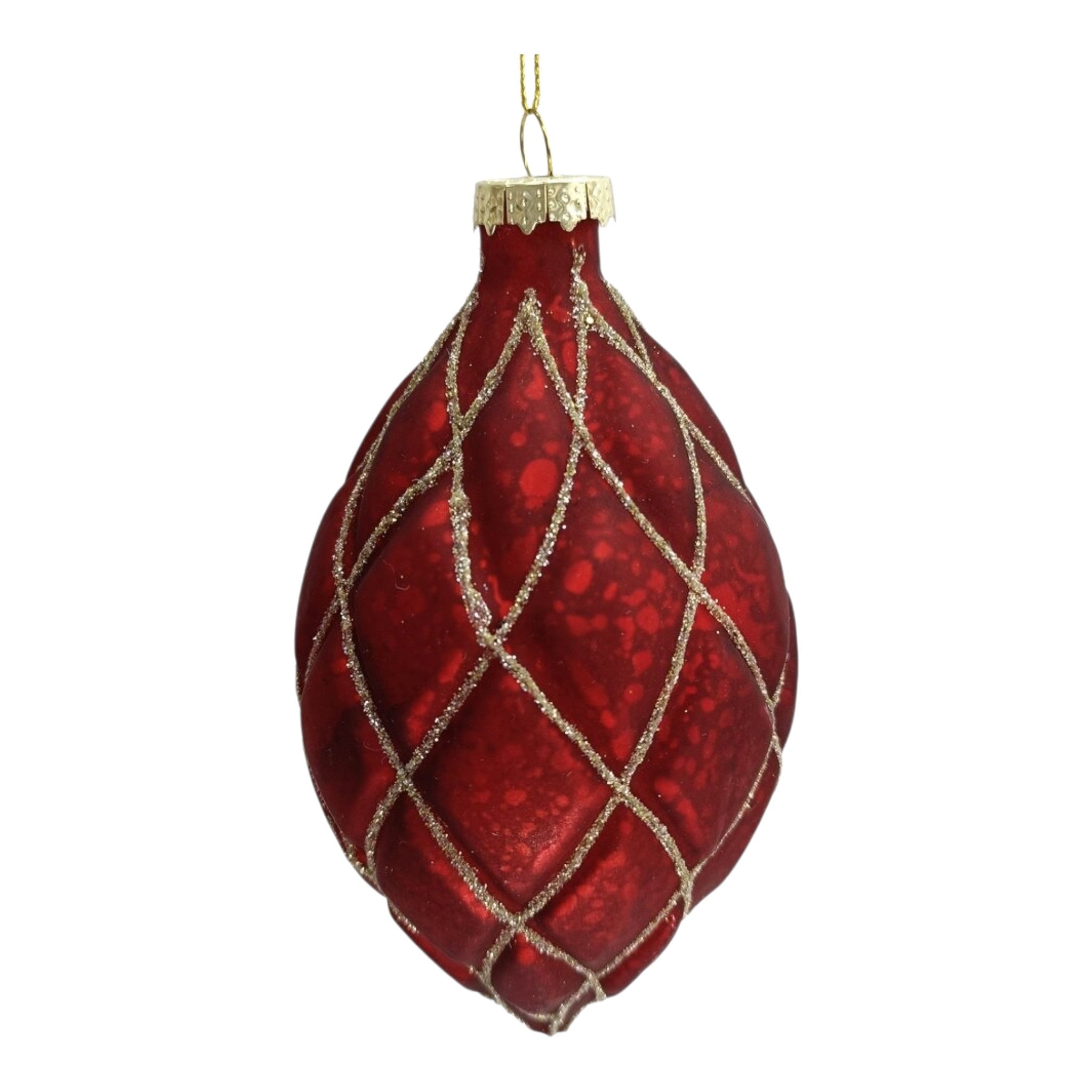 Ornament Glass Antique Red w/Gold Diamond Grid 6.5"