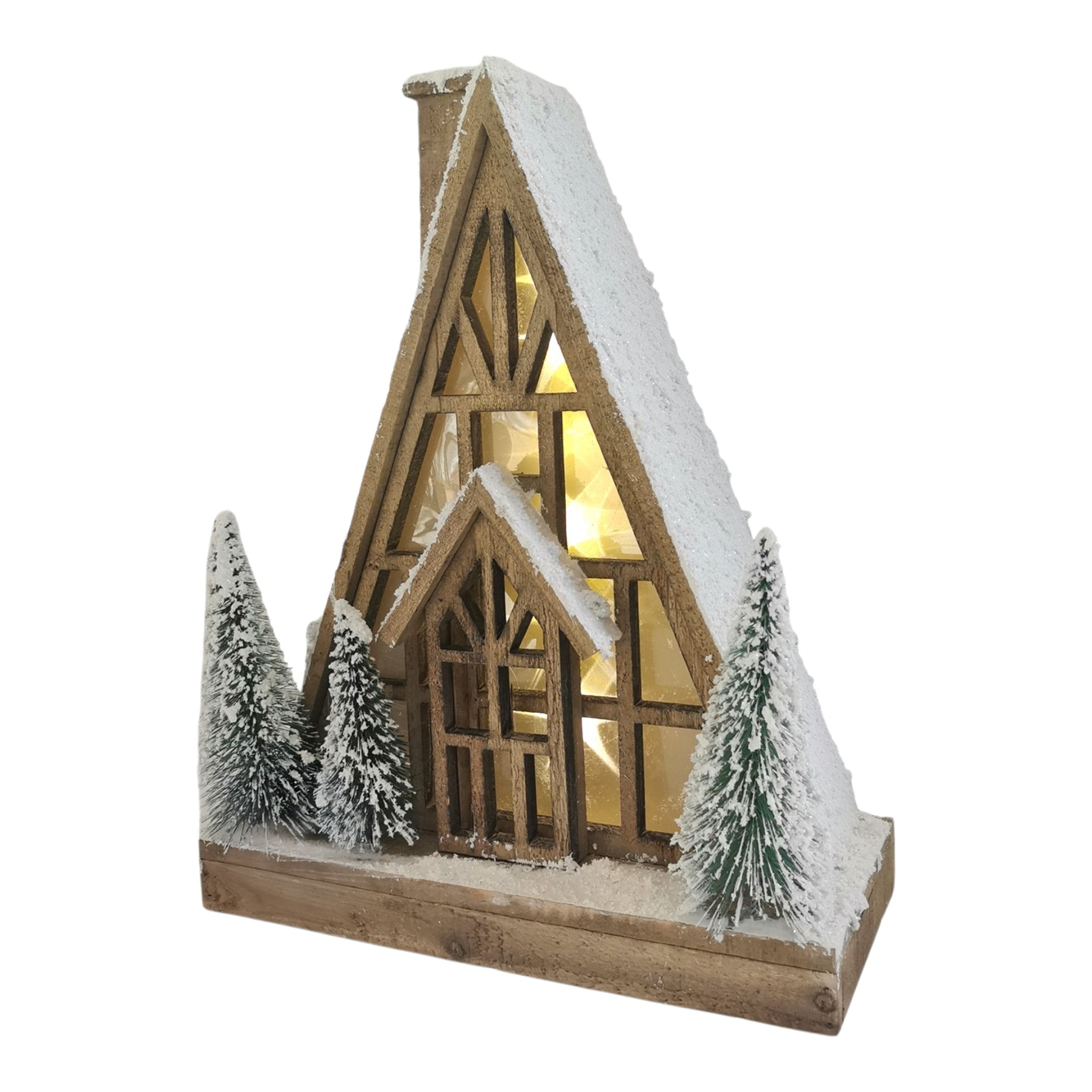 Wooden Chalet  LED Brown with Trees 13"x16"