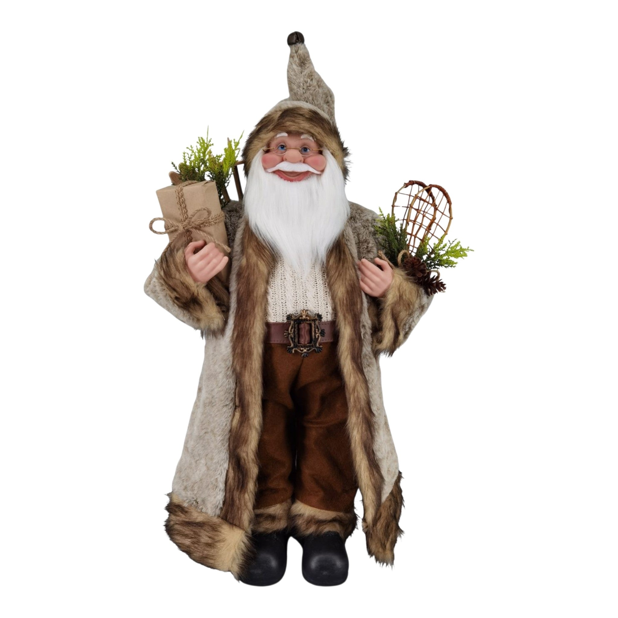 Santa Standing Brown Fur Coat & Wooden Snowshoe 24"