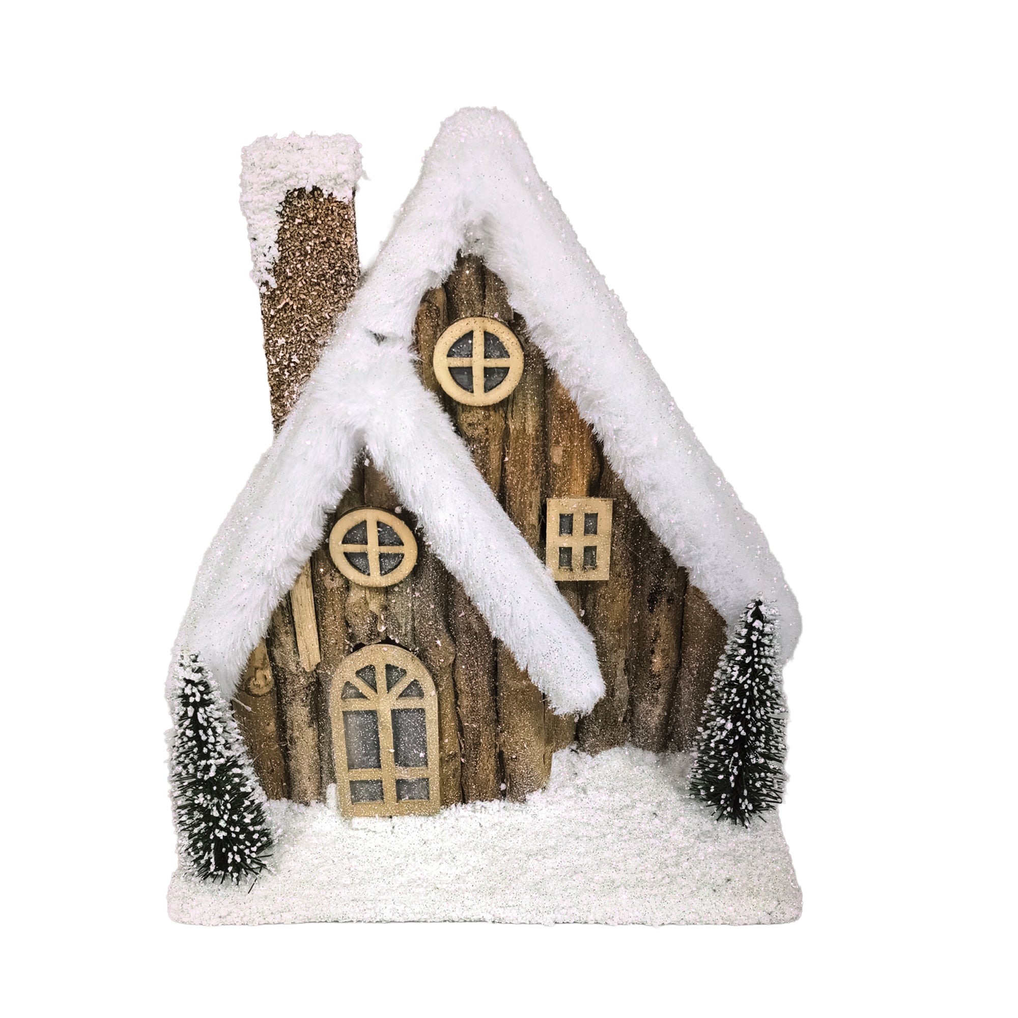 Wooden Log House LED Brown with Stacked Logs 9"x11"