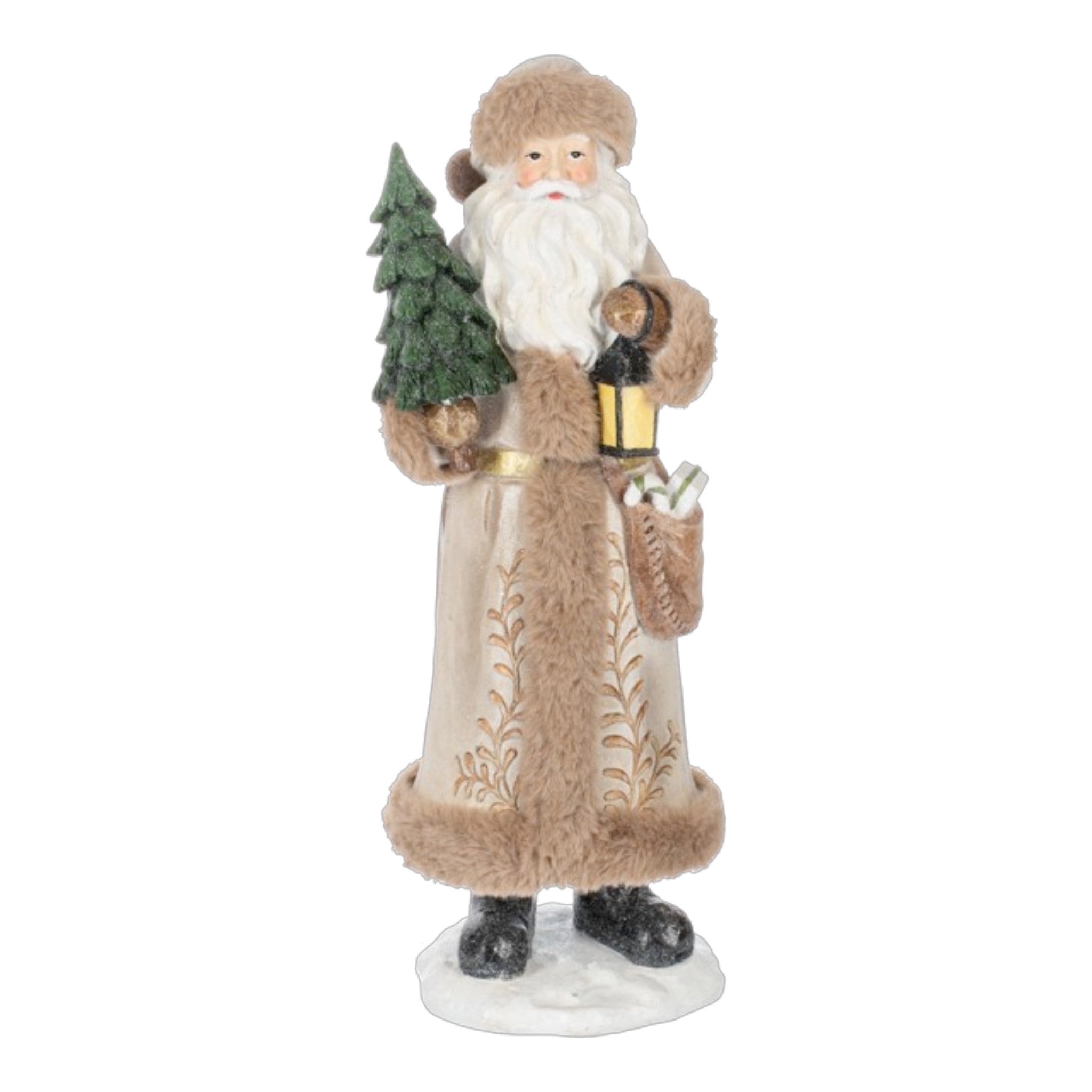 Sandstone Santa Resin w/Tree and Lantern 5 1/4" W. x 5 1/4" D. x 14 3/8" H.