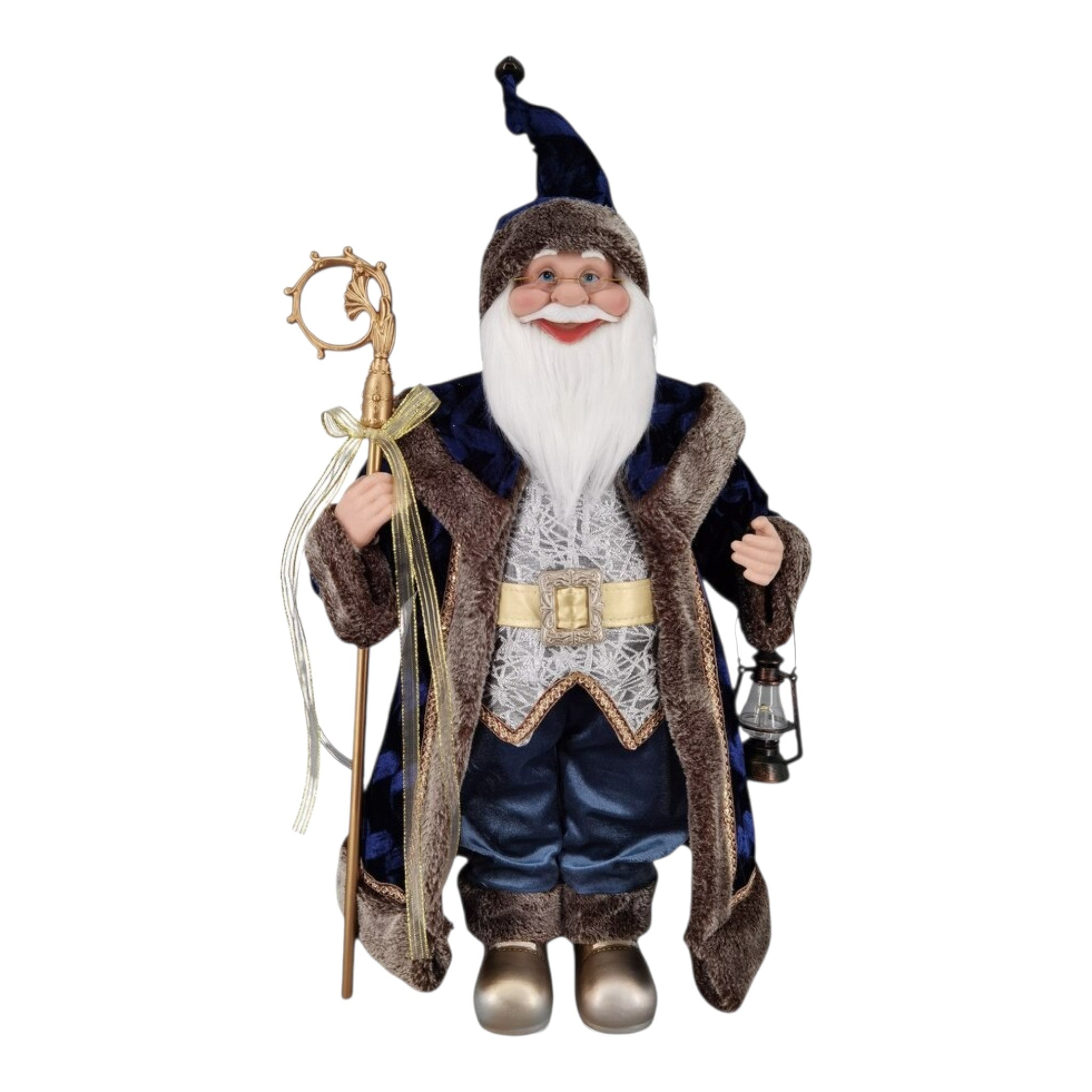 Santa Standing Blue Fur Gown Holding Lamp