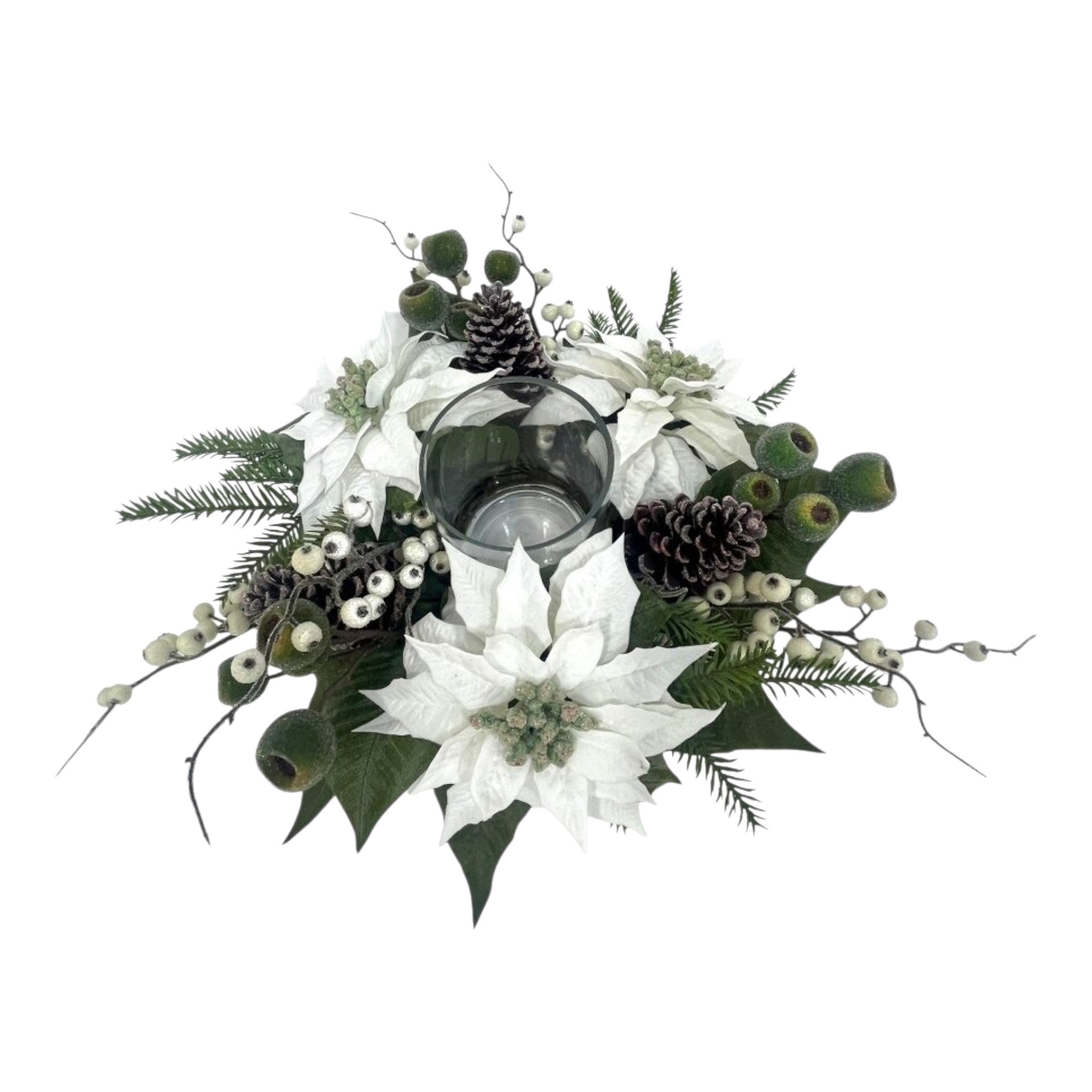 Candle Holder White Poinsettia w/Berry 16"x3"