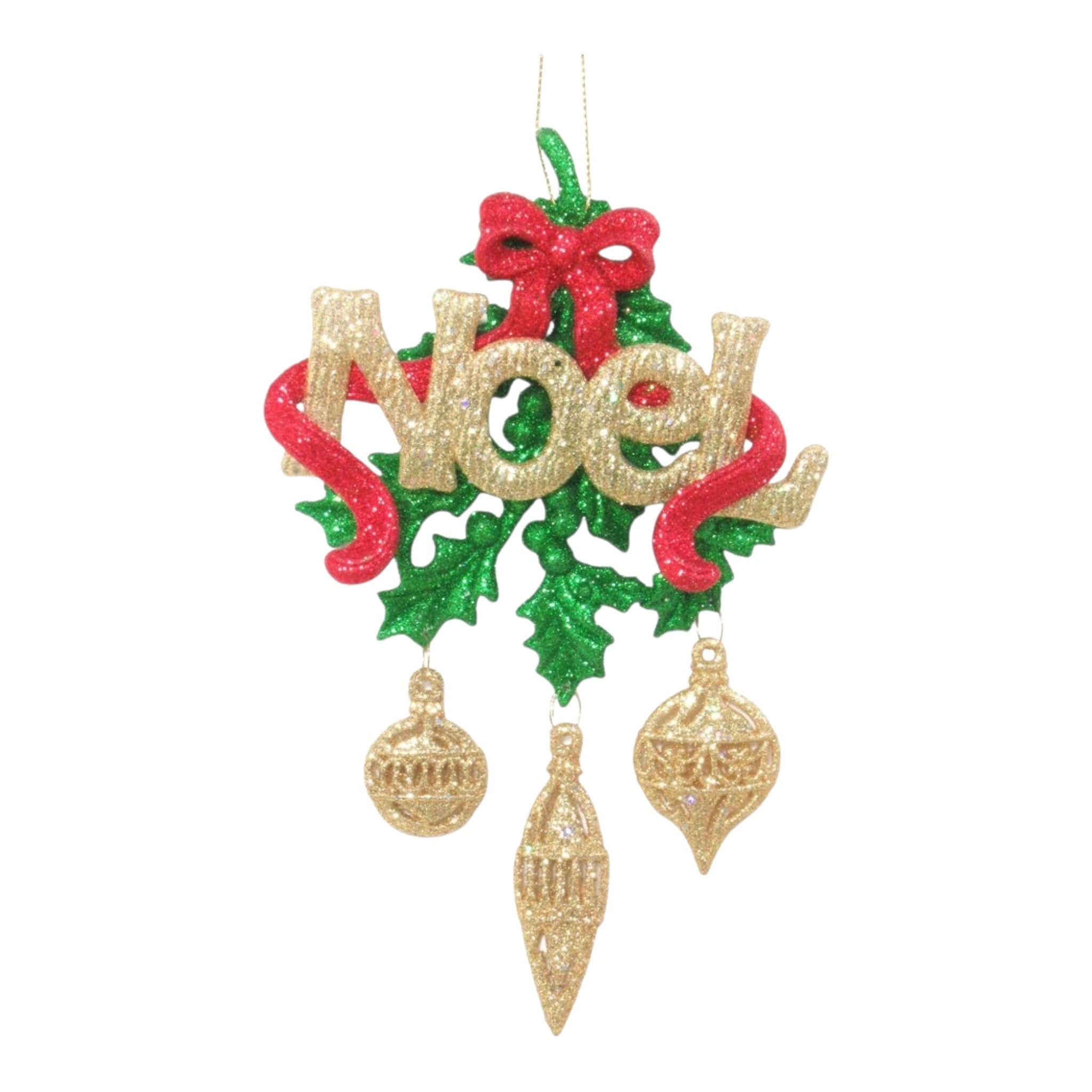 Ornament Holly Leaves w/Bow & Noel 7.8"