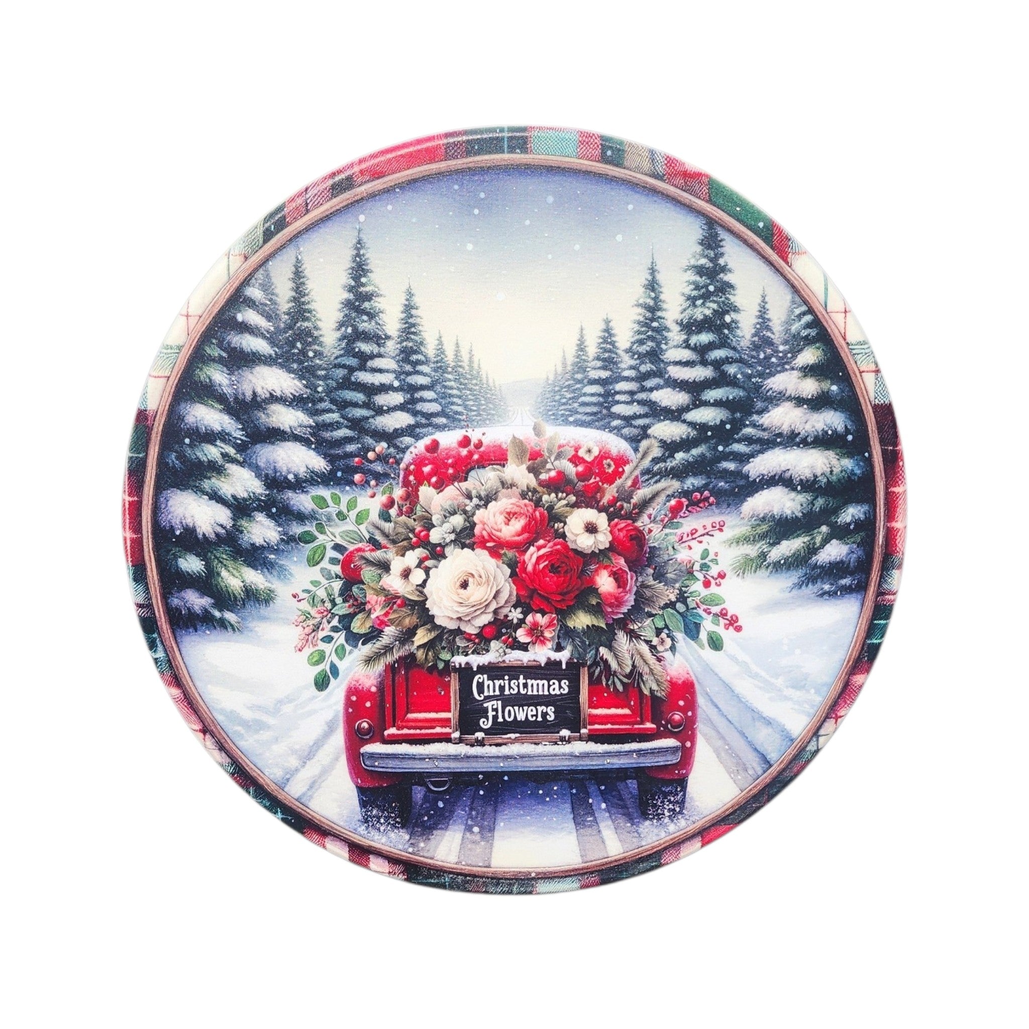 10" Round Sign Truck Christmas Flowers