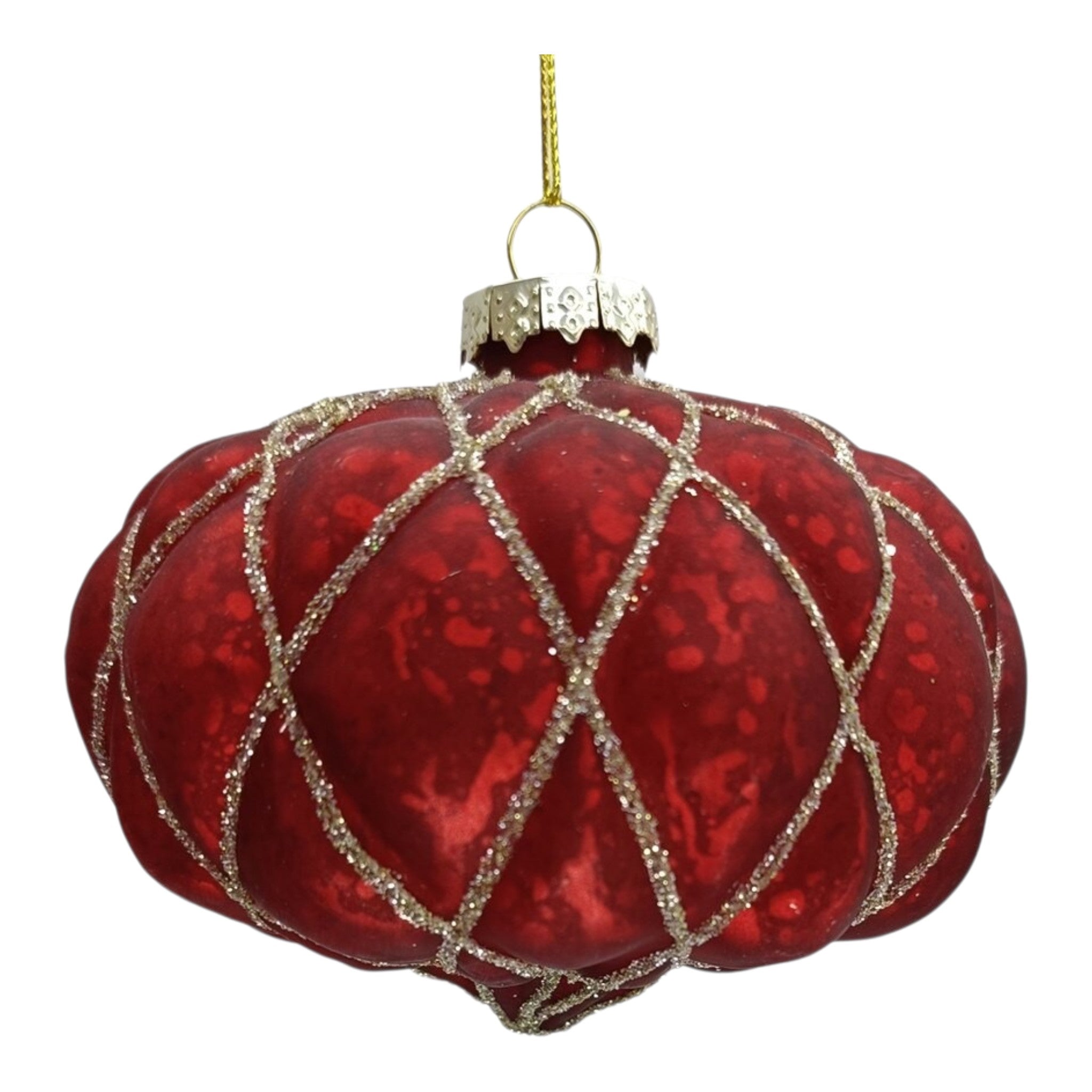Ornament Glass Antique Red w/Gold Diamond Grid 6.5"
