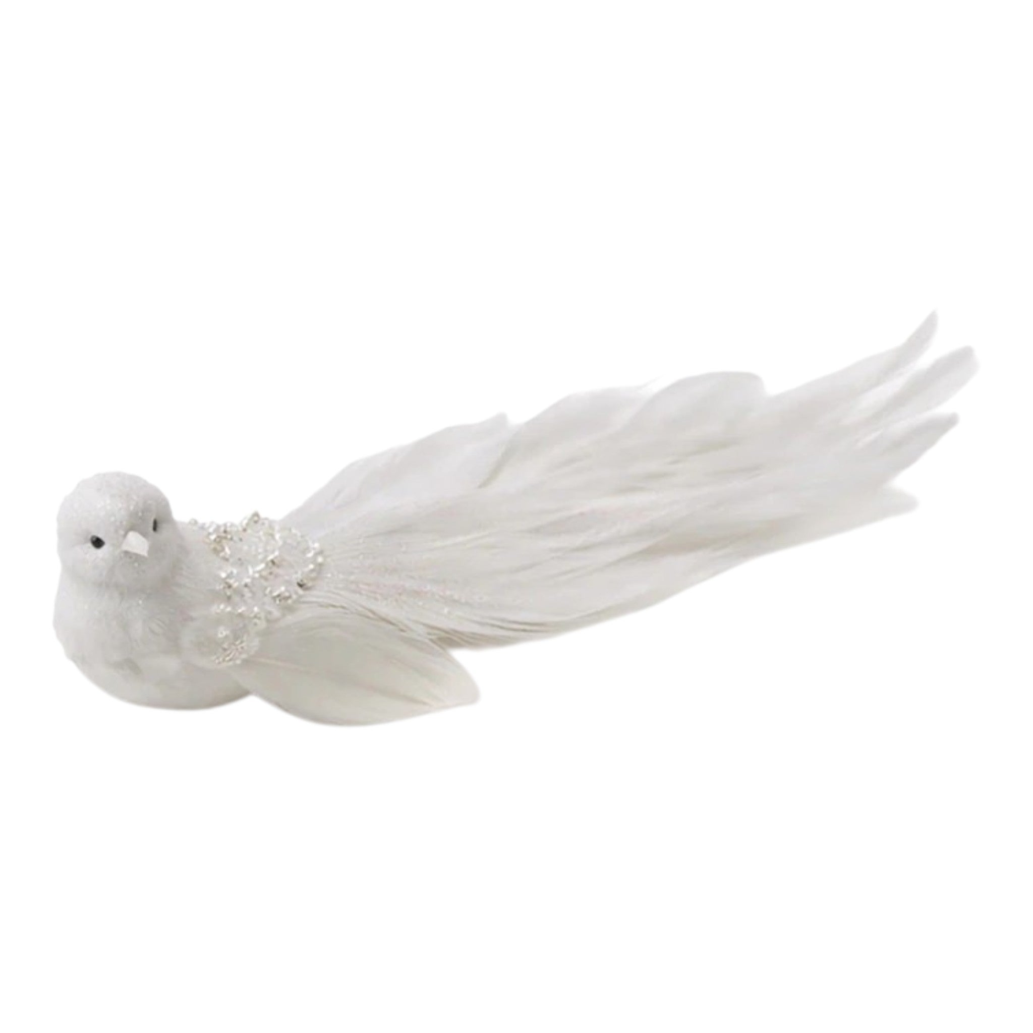 Bird White Feather w/Glitter and Beads 10"