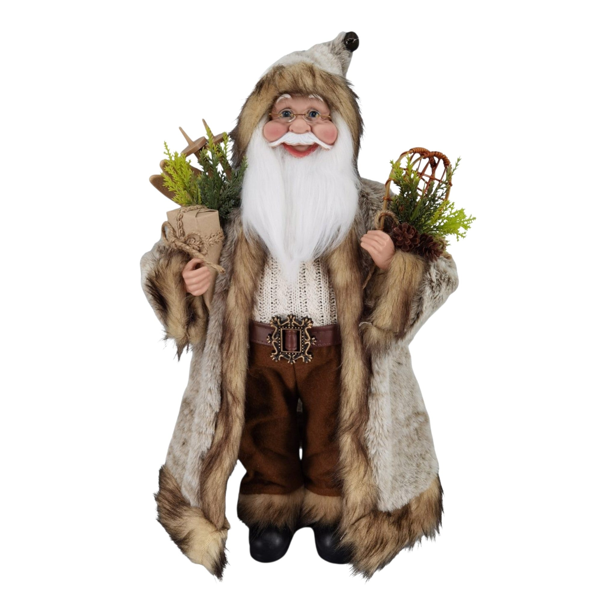 Santa Standing Brown Fur Coat & Wooden Snowshoe 18"