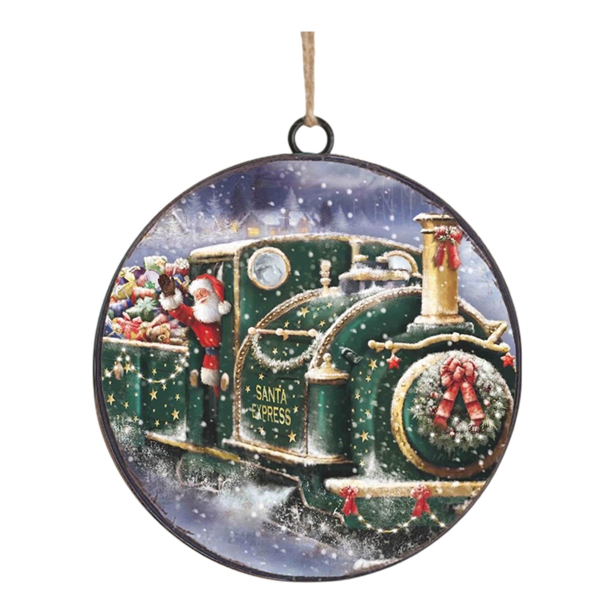 Ornament Metal Disc Green Steam Train 4"