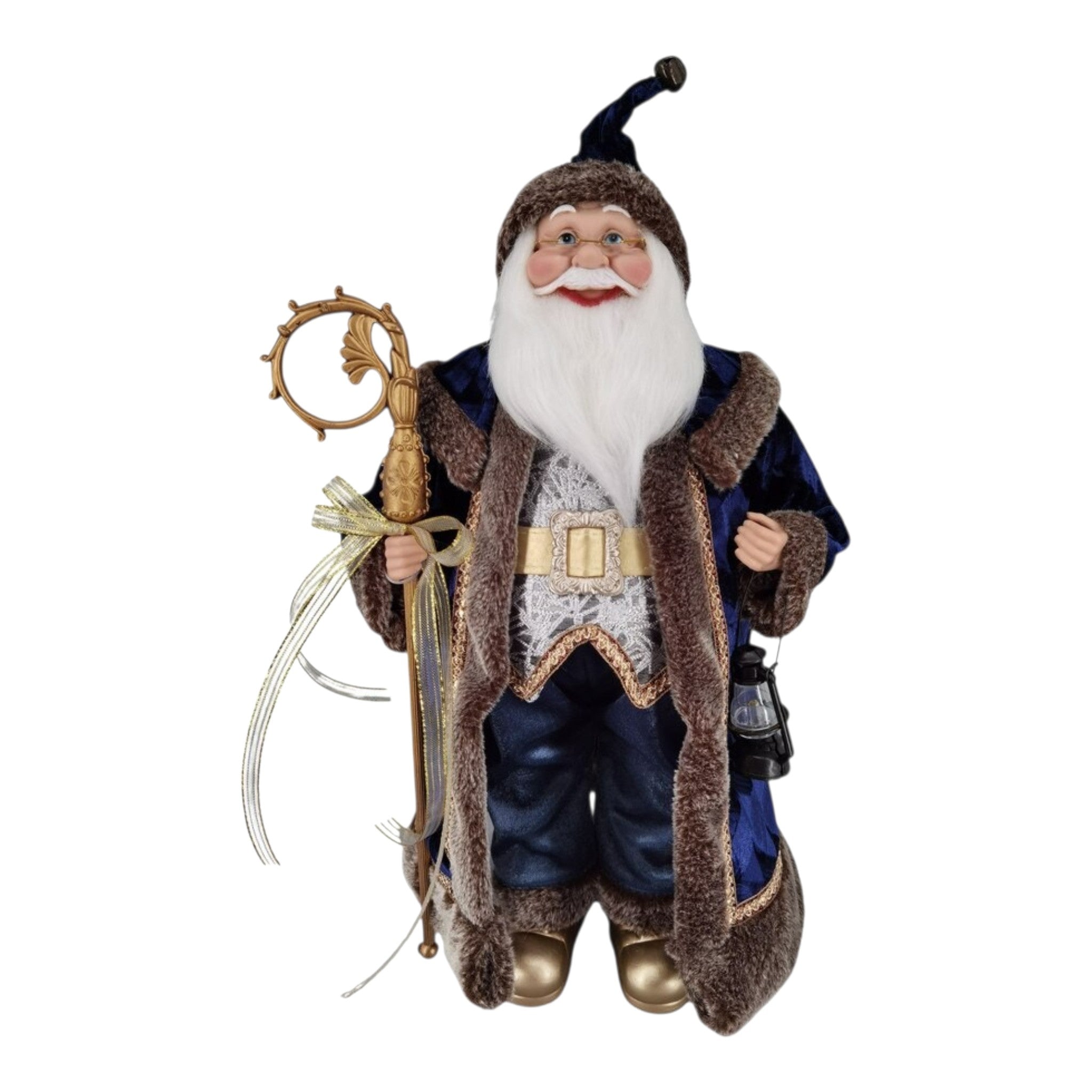 Santa Standing Blue Fur Gown Holding Lamp