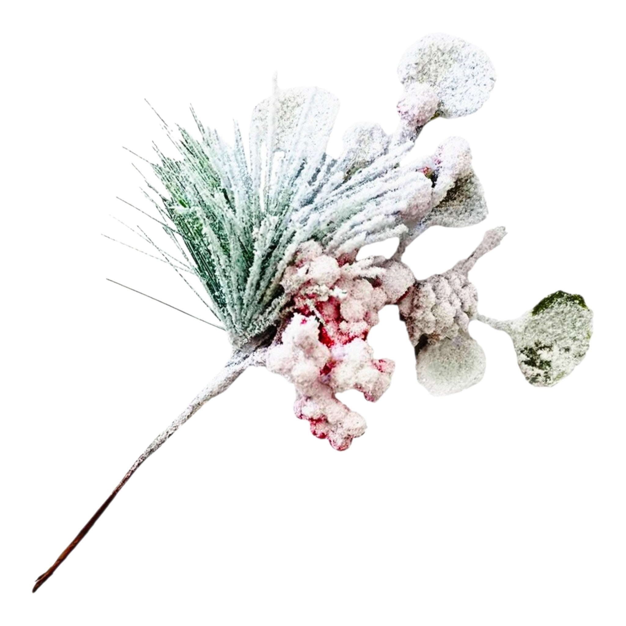 Pick Pine w/Red Berries & Flocked Round Leaves 11"