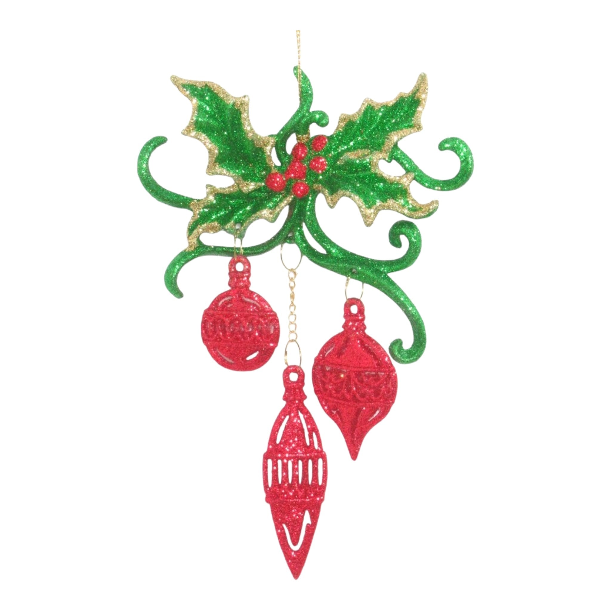Ornament Holly Leaves w/Curl & Red Ornaments 7"