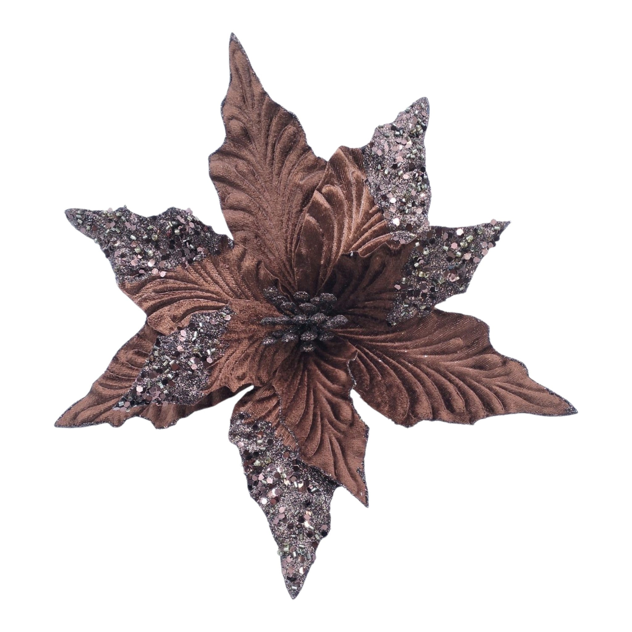 Poinsettia Head Velvet Brown w/Glitter 11"
