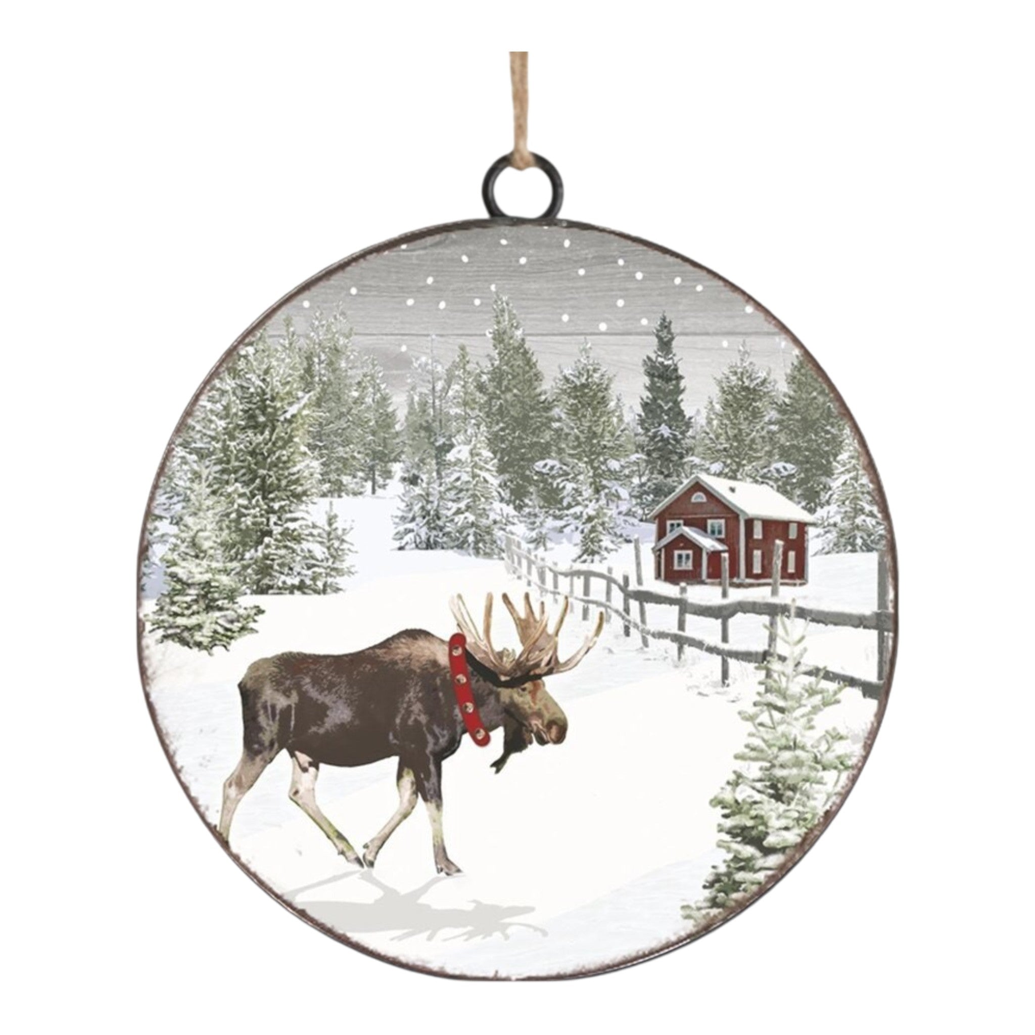 Ornament Metal Disc Moose In Snowy Scene 4"