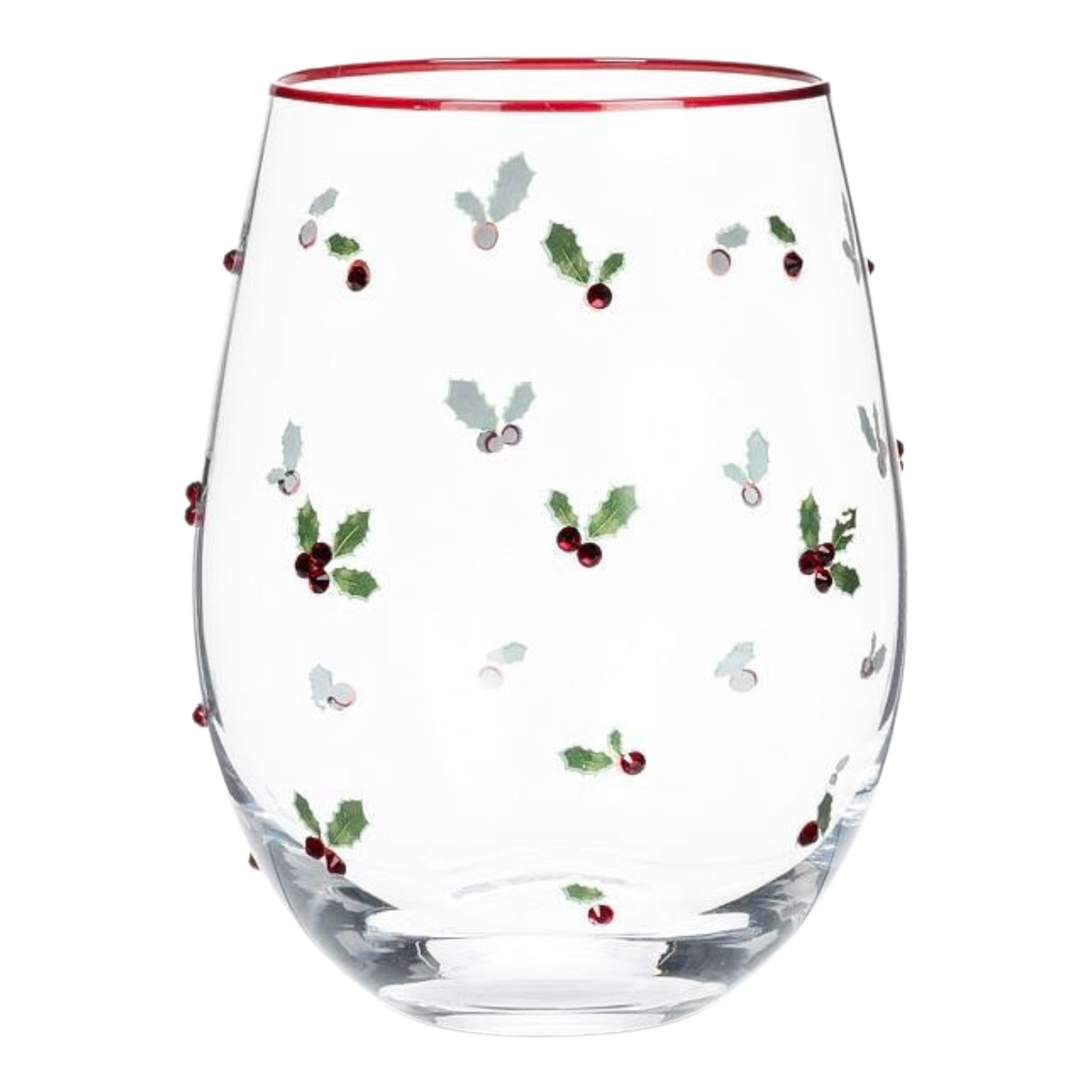 Holly w/Jewel Berries Stemless Wine Glass Gold 18oz