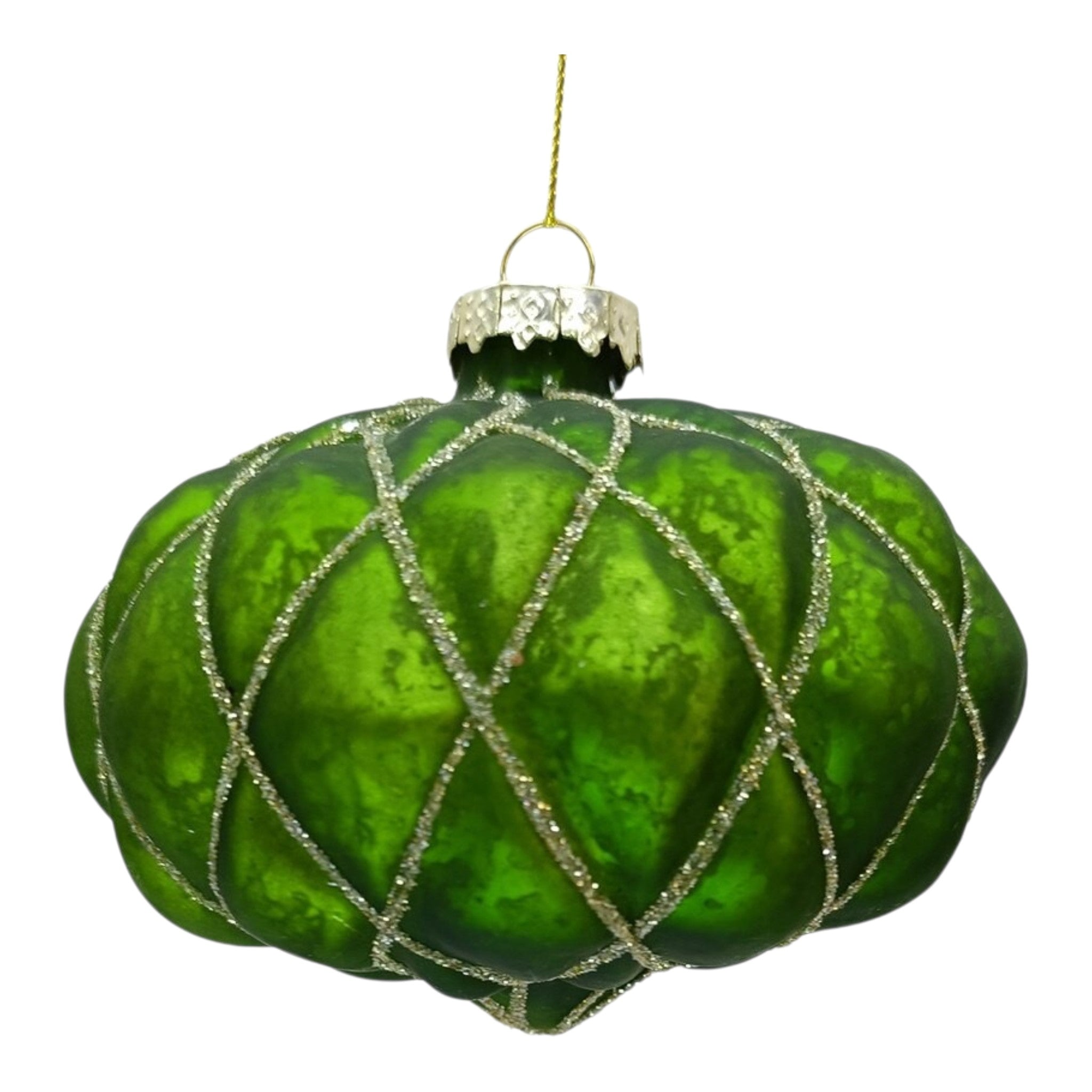 Ornament Glass Antique Green w/Gold Diamond Grid 6.5"